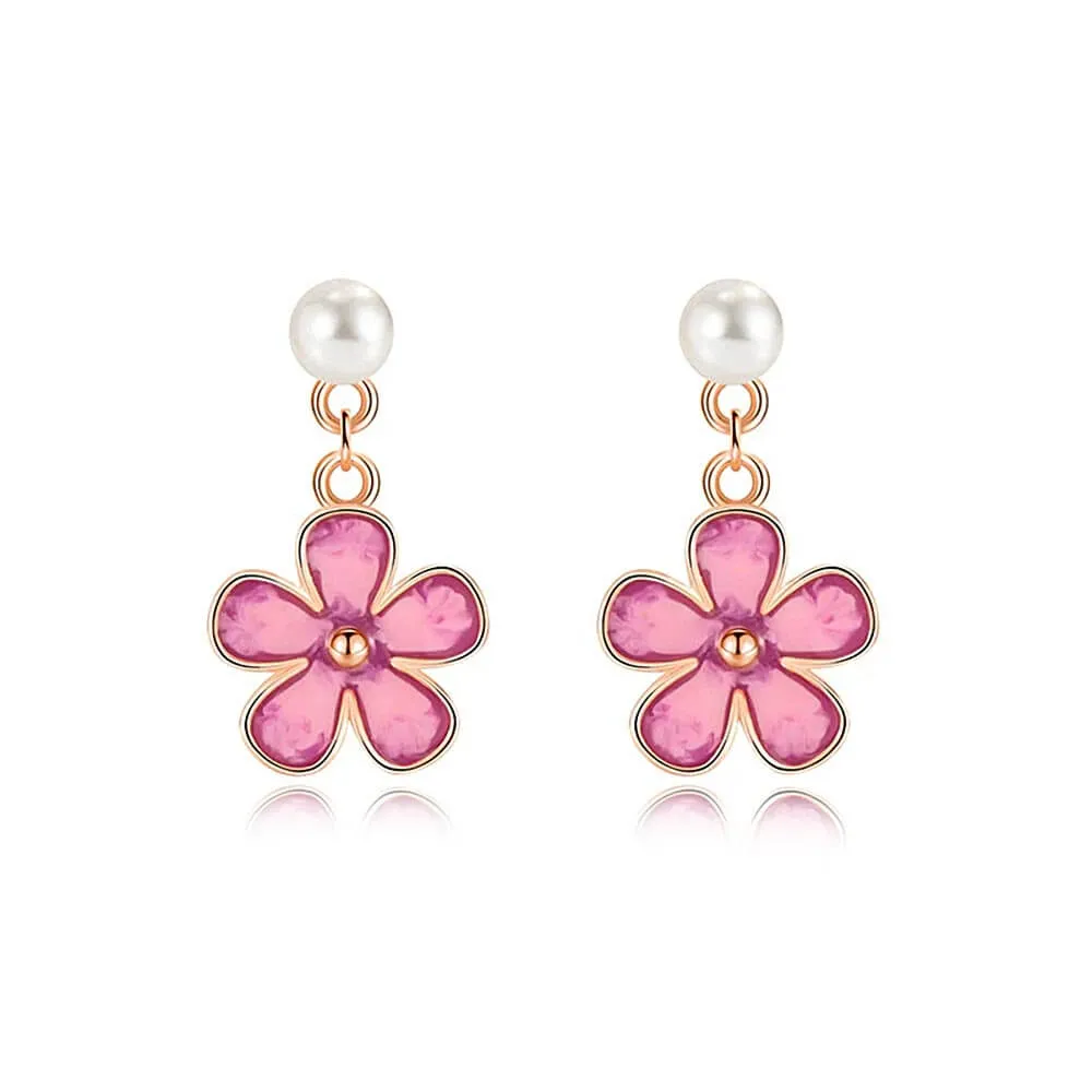 925 Silver Five Petal Flower Enamel Pearl Earrings
