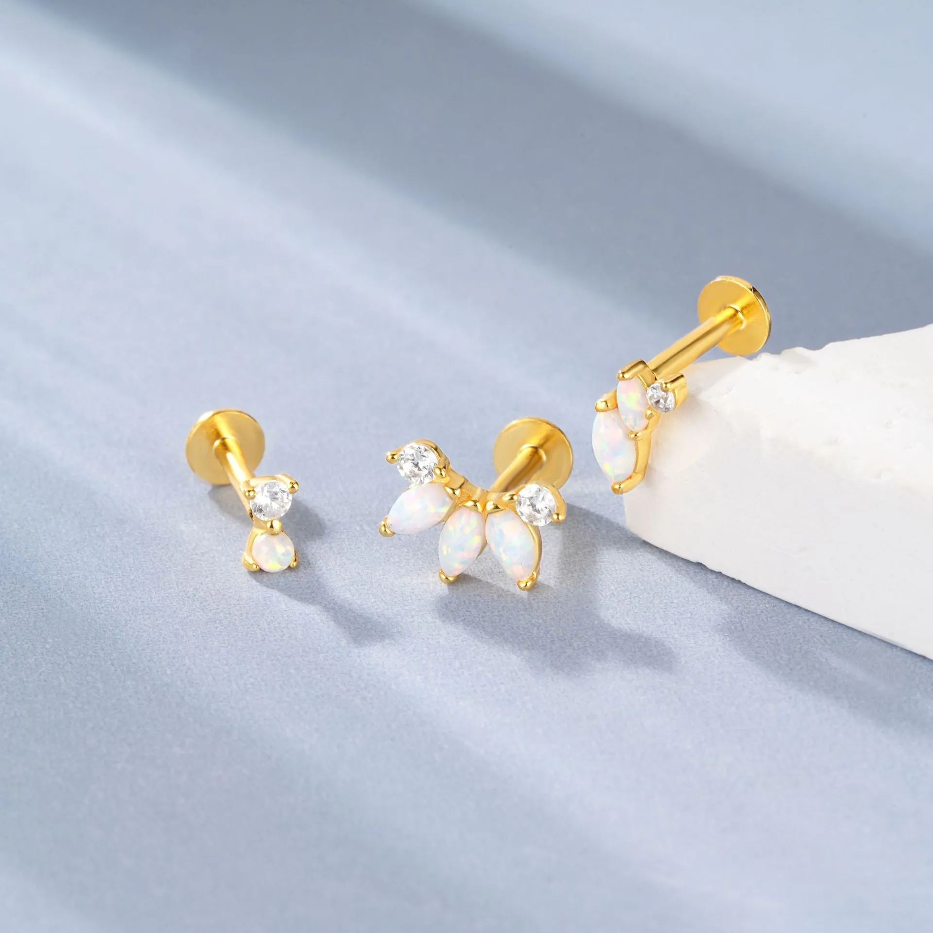 925 Silver Three-Line Opal CZ Diamond Flat Back Earrings