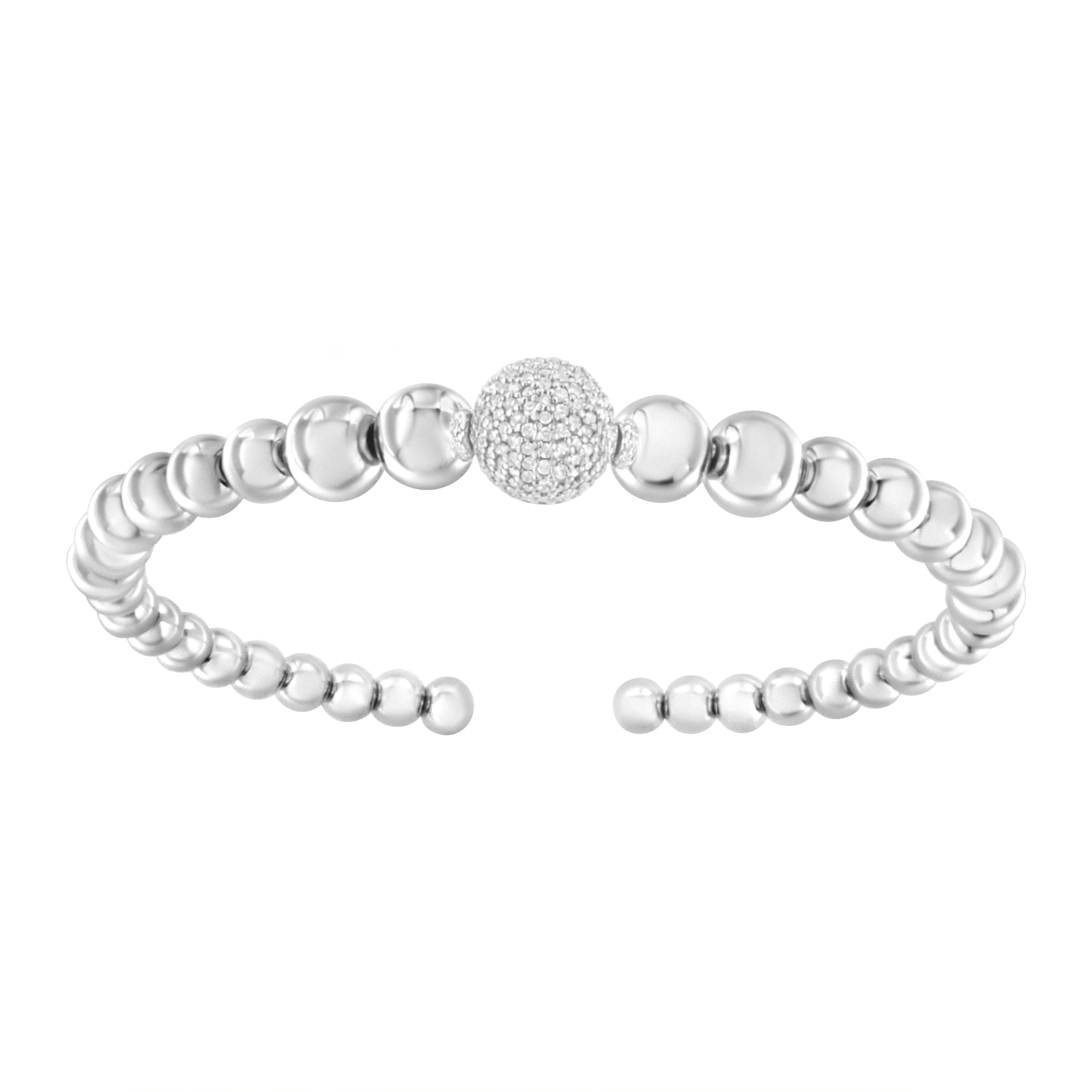 .925 Sterling Silver 1/6 Cttw Diamond Rondelle Graduated Ball Bead Cuff Bangle Bracelet
