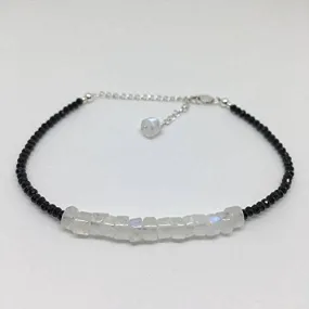 925 sterling Silver Unique Wedding Gift 4x2-5x3mm stacking Black & White Rainbow Moonstone and Black Spinel Bracelet Rondelle, Faceted & Smooth 7" for mens, womens, gf, bf & Adult.