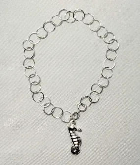 925 Sterling Silver, Wide Circle Link Bracelet, 7. 5" with Diamond Cut Seahorse Charm, 3.25gm