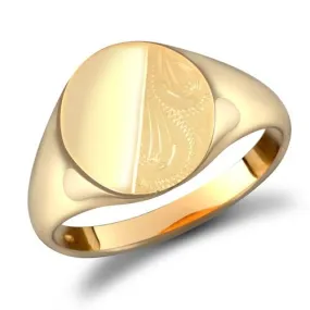 9ct Yellow Gold Oval Shaped Half Plain & Half Engraved Signet Ring 6.0g