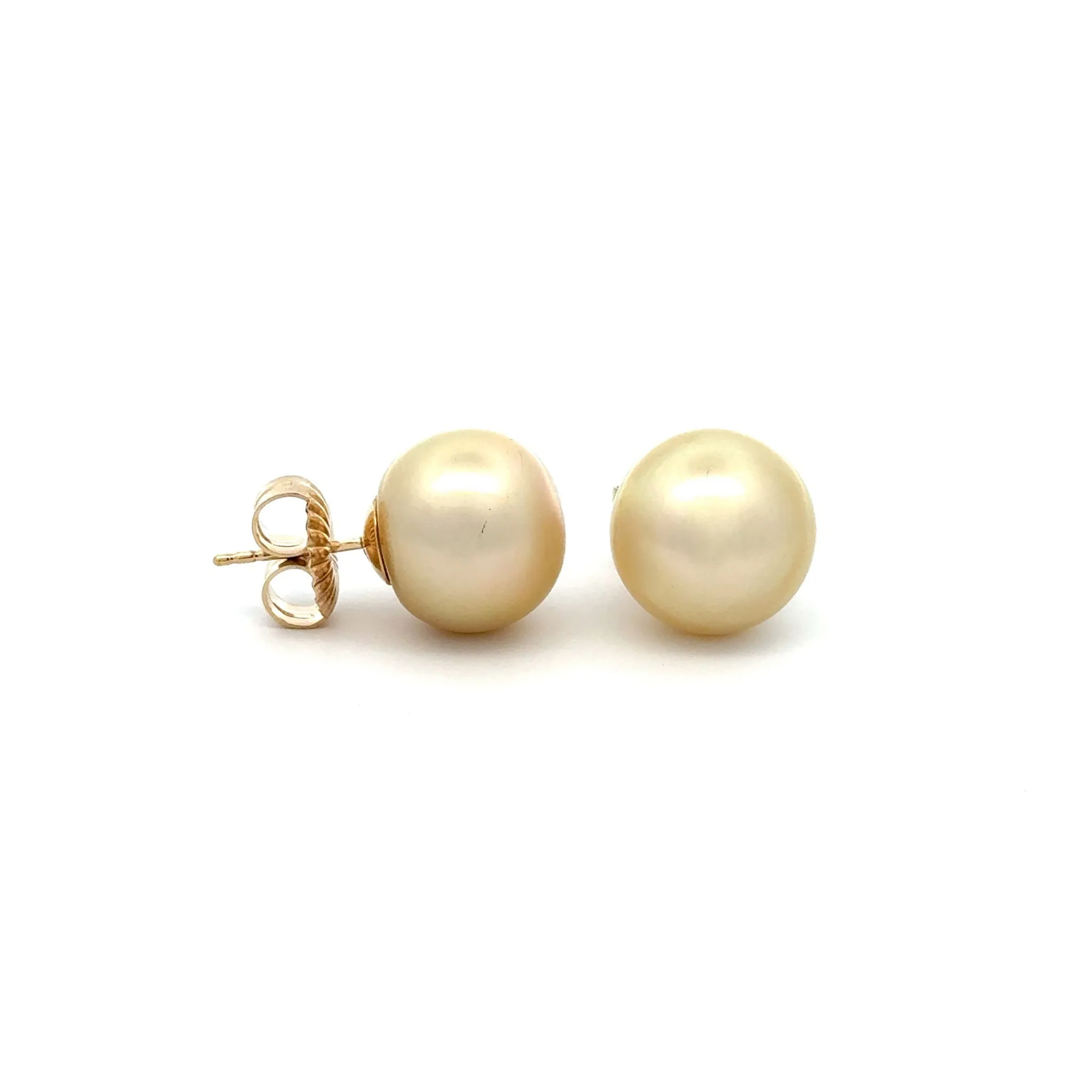 9K Yellow Gold South Sea Cultured 13-14mm Pearl Stud Earrings With 9mm Butterflies