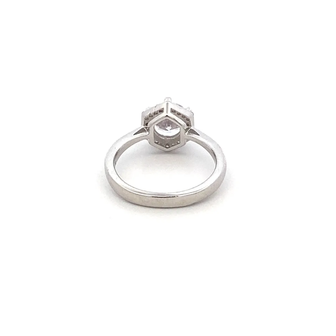 Adriana Halo Hexagon 925 Sterling Silver Engagement Ring