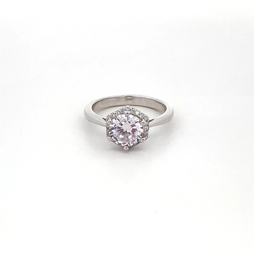 Adriana Halo Hexagon 925 Sterling Silver Engagement Ring