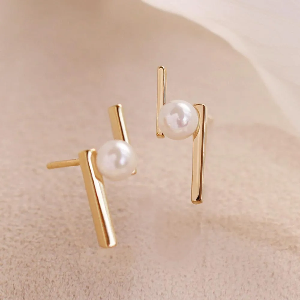 Akoya Pearl Double Bar Stud Earrings