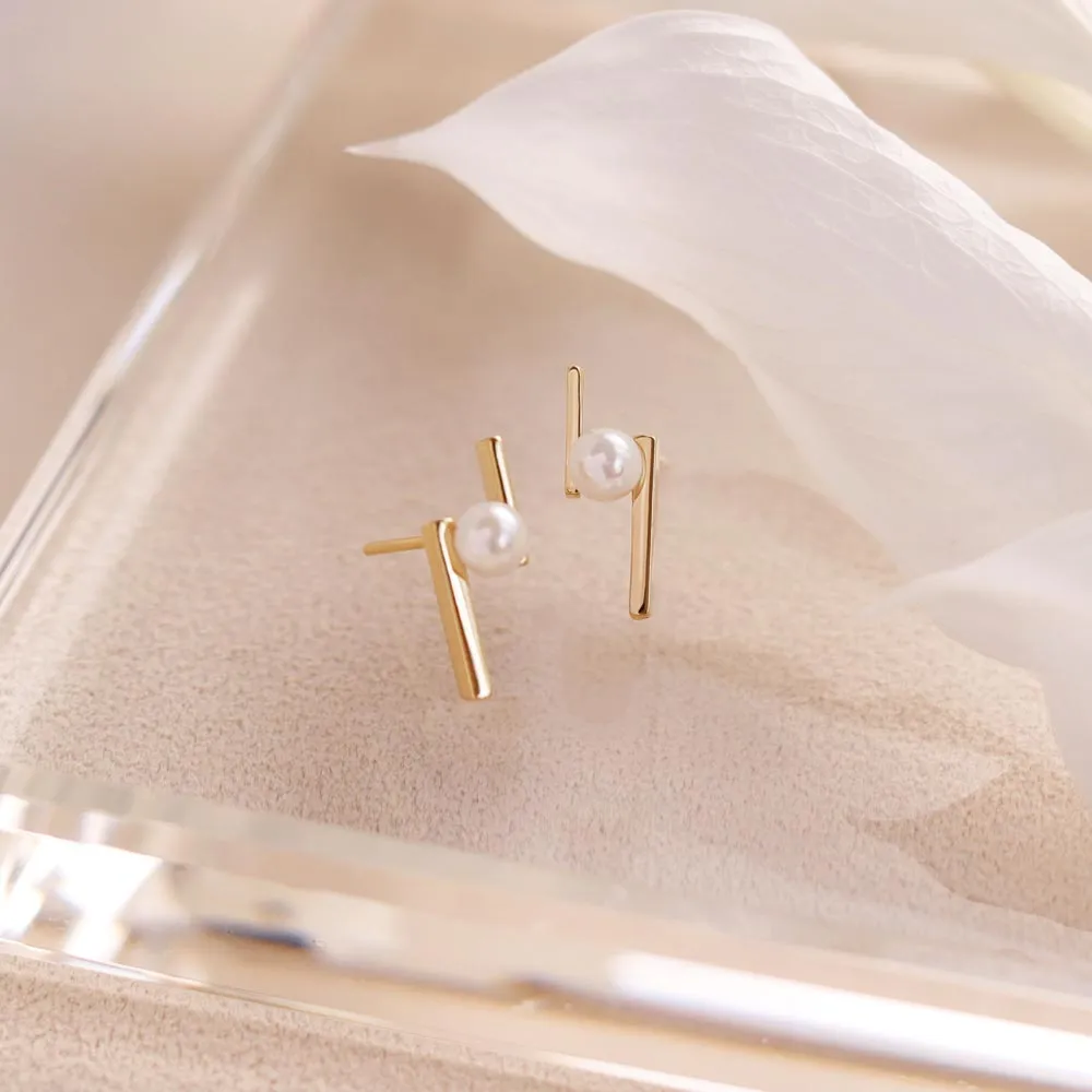 Akoya Pearl Double Bar Stud Earrings