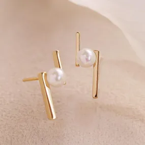 Akoya Pearl Double Bar Stud Earrings