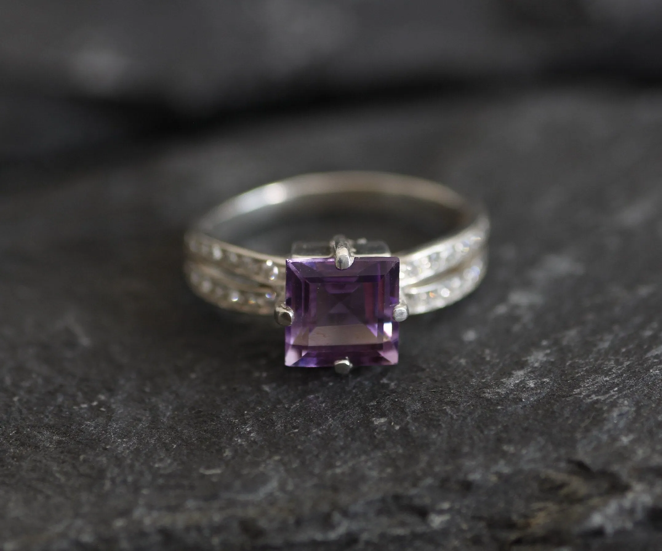 Amethyst Ring - Purple Square Ring - Vintage Split Shank Ring