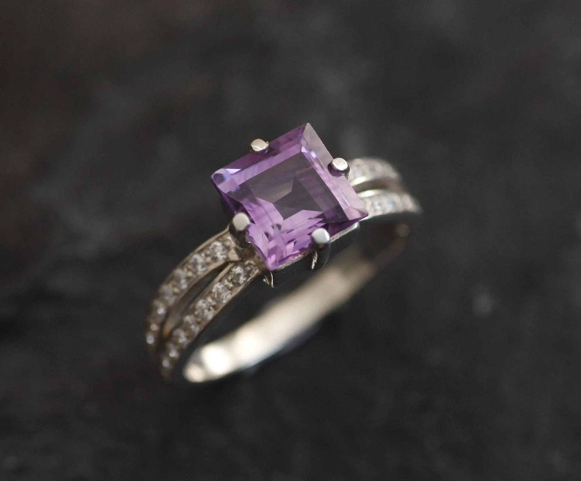 Amethyst Ring - Purple Square Ring - Vintage Split Shank Ring