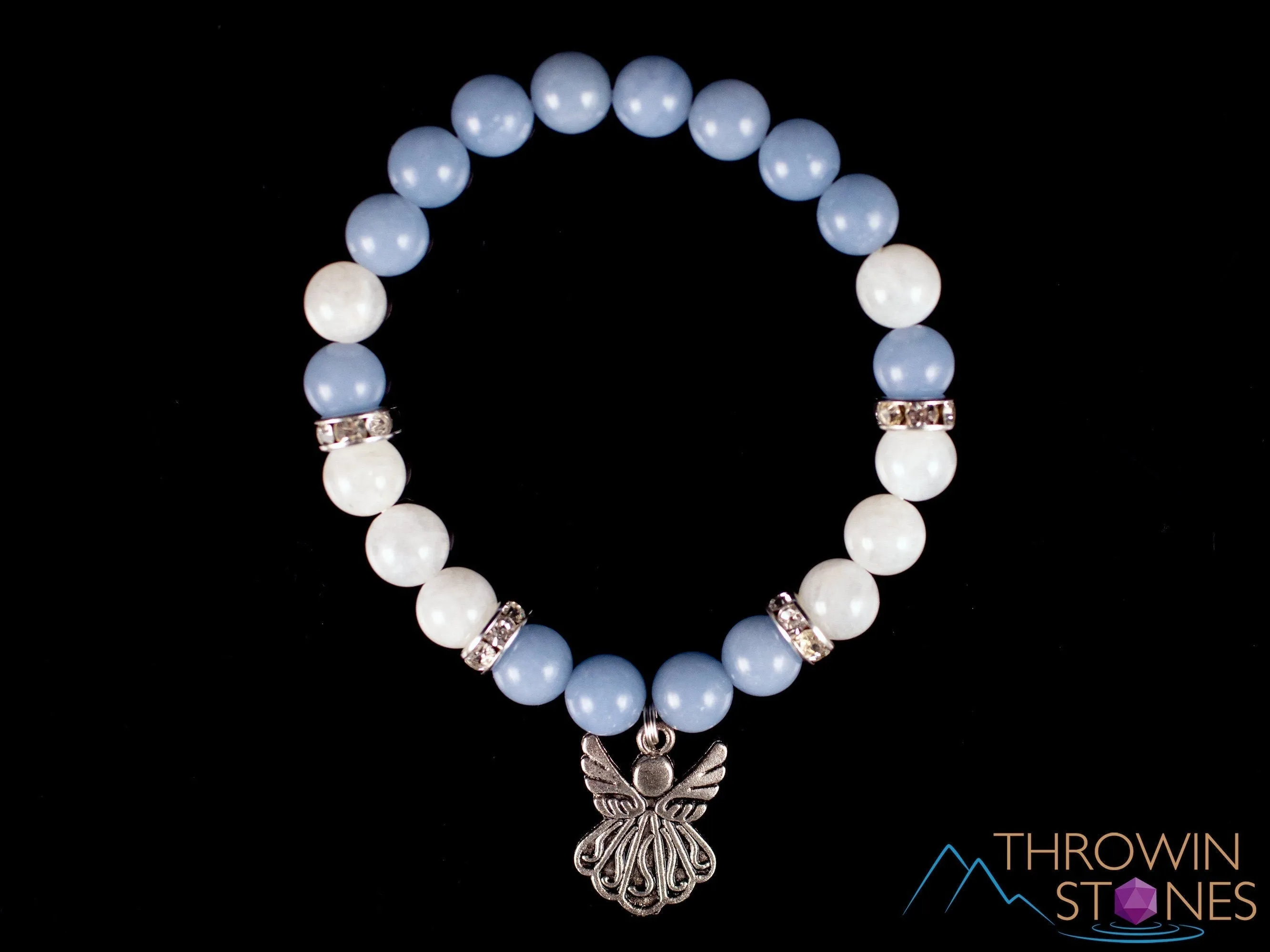 ANGELITE & MOONSTONE Crystal Bracelet - Angel Charm, Round Beads - Charm Bracelet, Beaded Bracelet, Handmade Jewelry, E2050