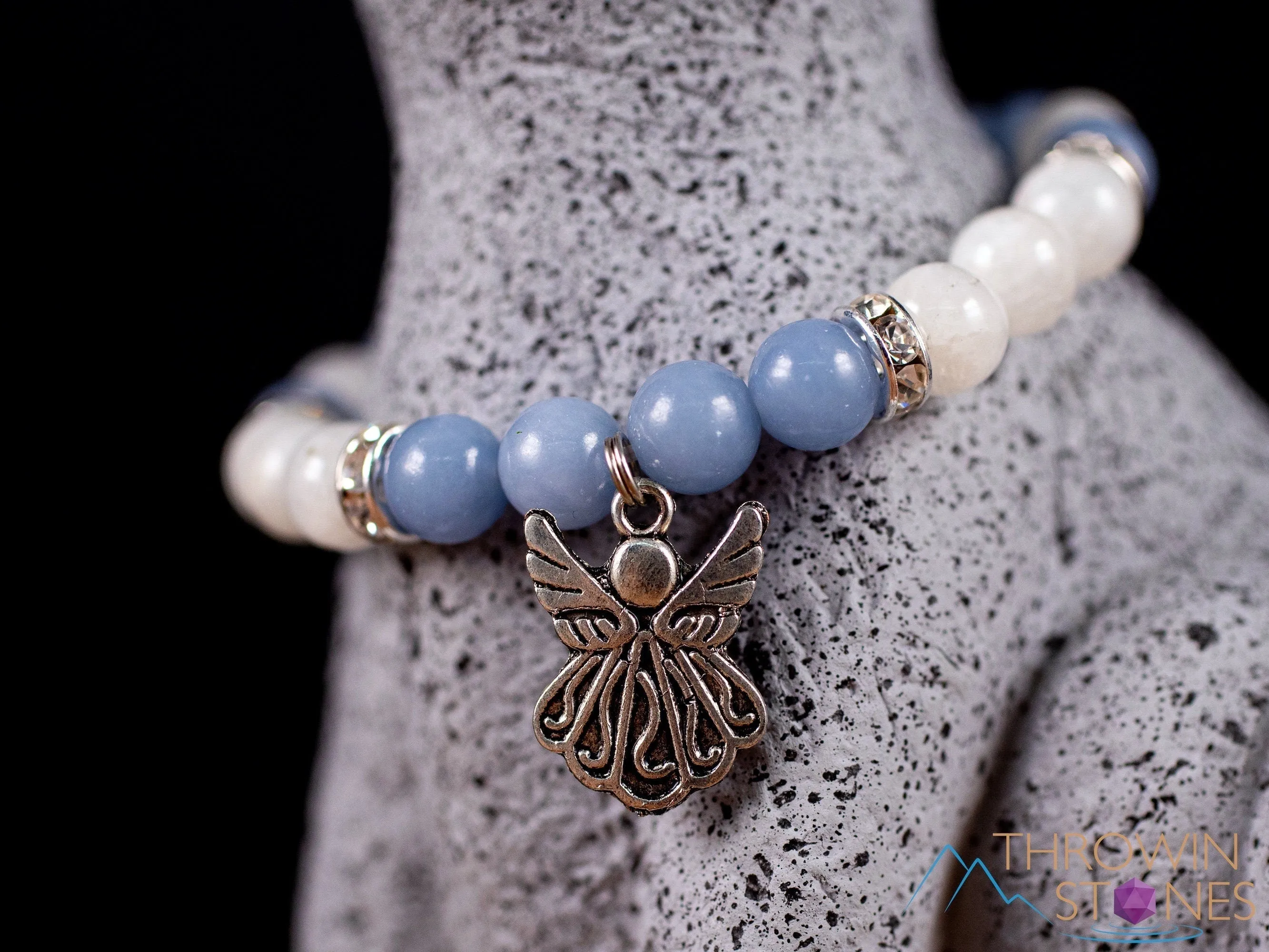 ANGELITE & MOONSTONE Crystal Bracelet - Angel Charm, Round Beads - Charm Bracelet, Beaded Bracelet, Handmade Jewelry, E2050