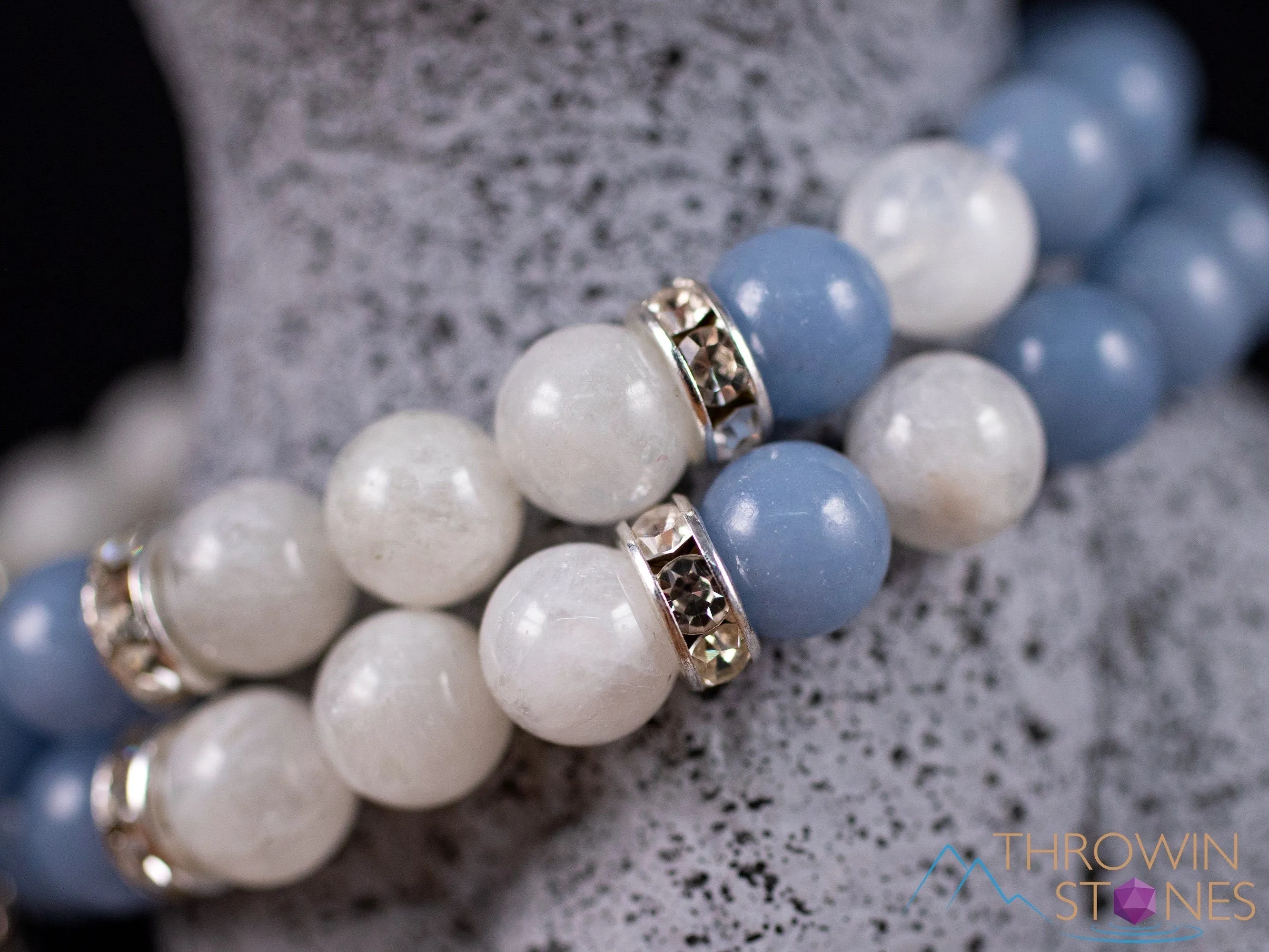 ANGELITE & MOONSTONE Crystal Bracelet - Angel Charm, Round Beads - Charm Bracelet, Beaded Bracelet, Handmade Jewelry, E2050