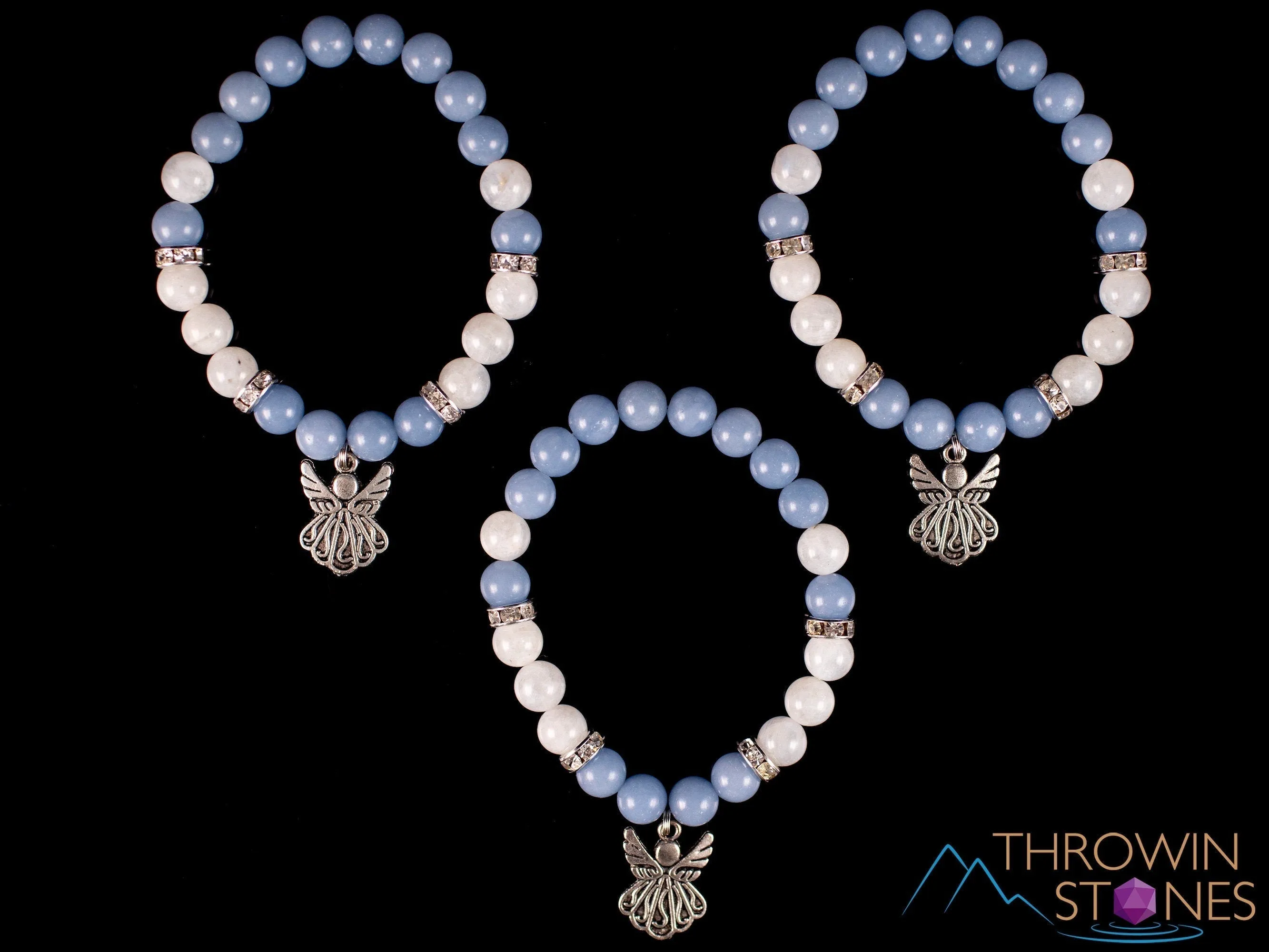 ANGELITE & MOONSTONE Crystal Bracelet - Angel Charm, Round Beads - Charm Bracelet, Beaded Bracelet, Handmade Jewelry, E2050