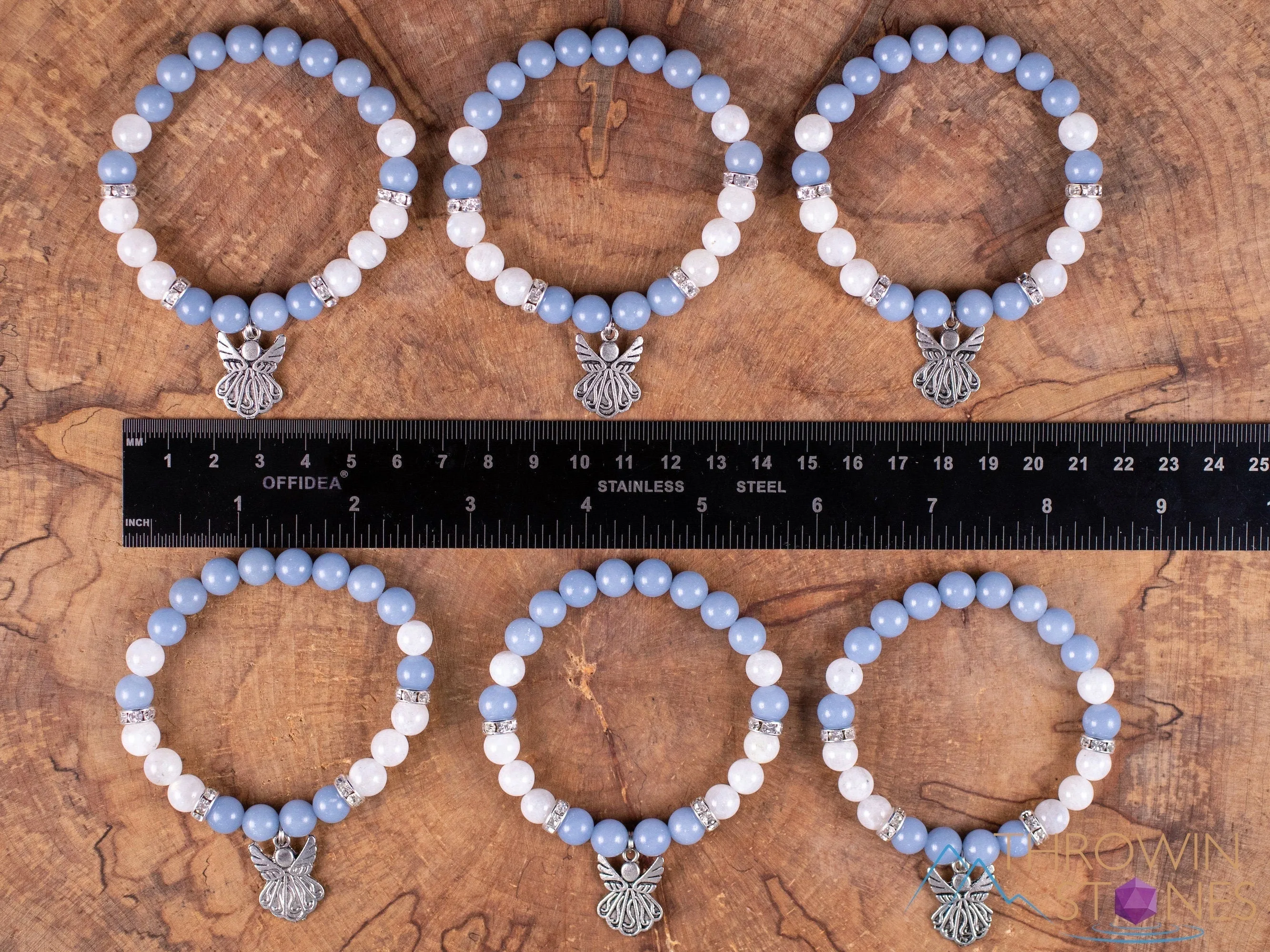 ANGELITE & MOONSTONE Crystal Bracelet - Angel Charm, Round Beads - Charm Bracelet, Beaded Bracelet, Handmade Jewelry, E2050