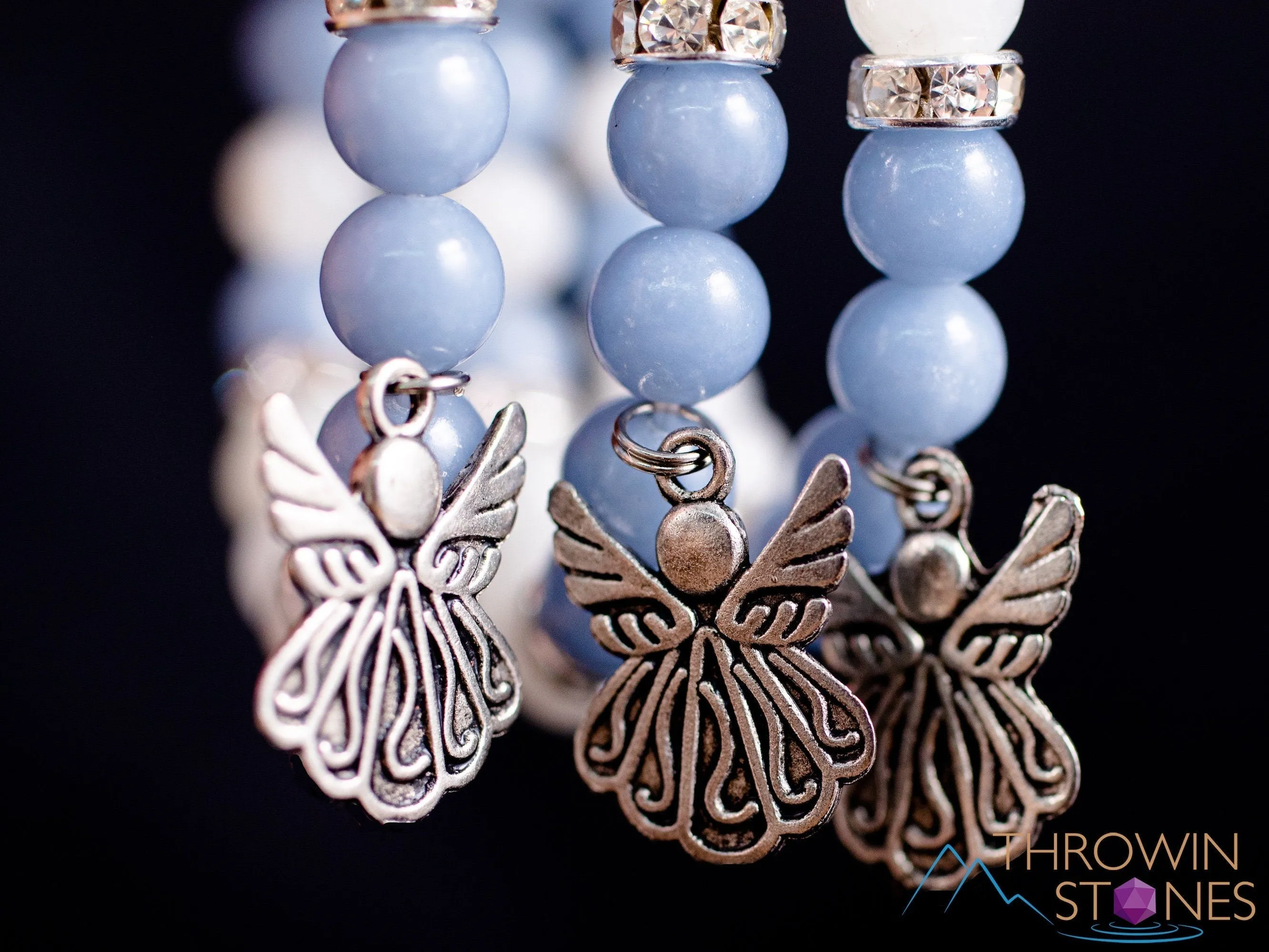 ANGELITE & MOONSTONE Crystal Bracelet - Angel Charm, Round Beads - Charm Bracelet, Beaded Bracelet, Handmade Jewelry, E2050