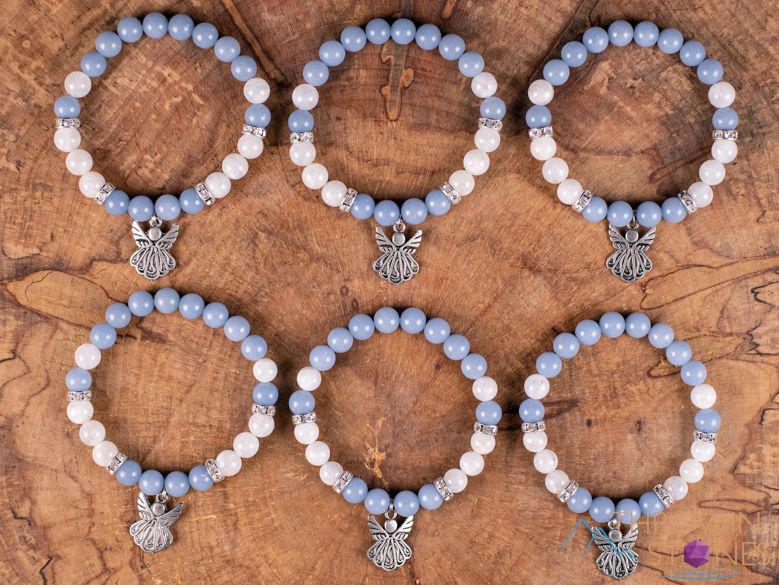 ANGELITE & MOONSTONE Crystal Bracelet - Angel Charm, Round Beads - Charm Bracelet, Beaded Bracelet, Handmade Jewelry, E2050