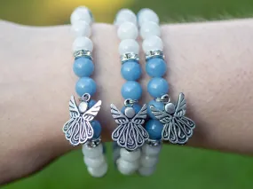 ANGELITE & MOONSTONE Crystal Bracelet - Angel Charm, Round Beads - Charm Bracelet, Beaded Bracelet, Handmade Jewelry, E2050