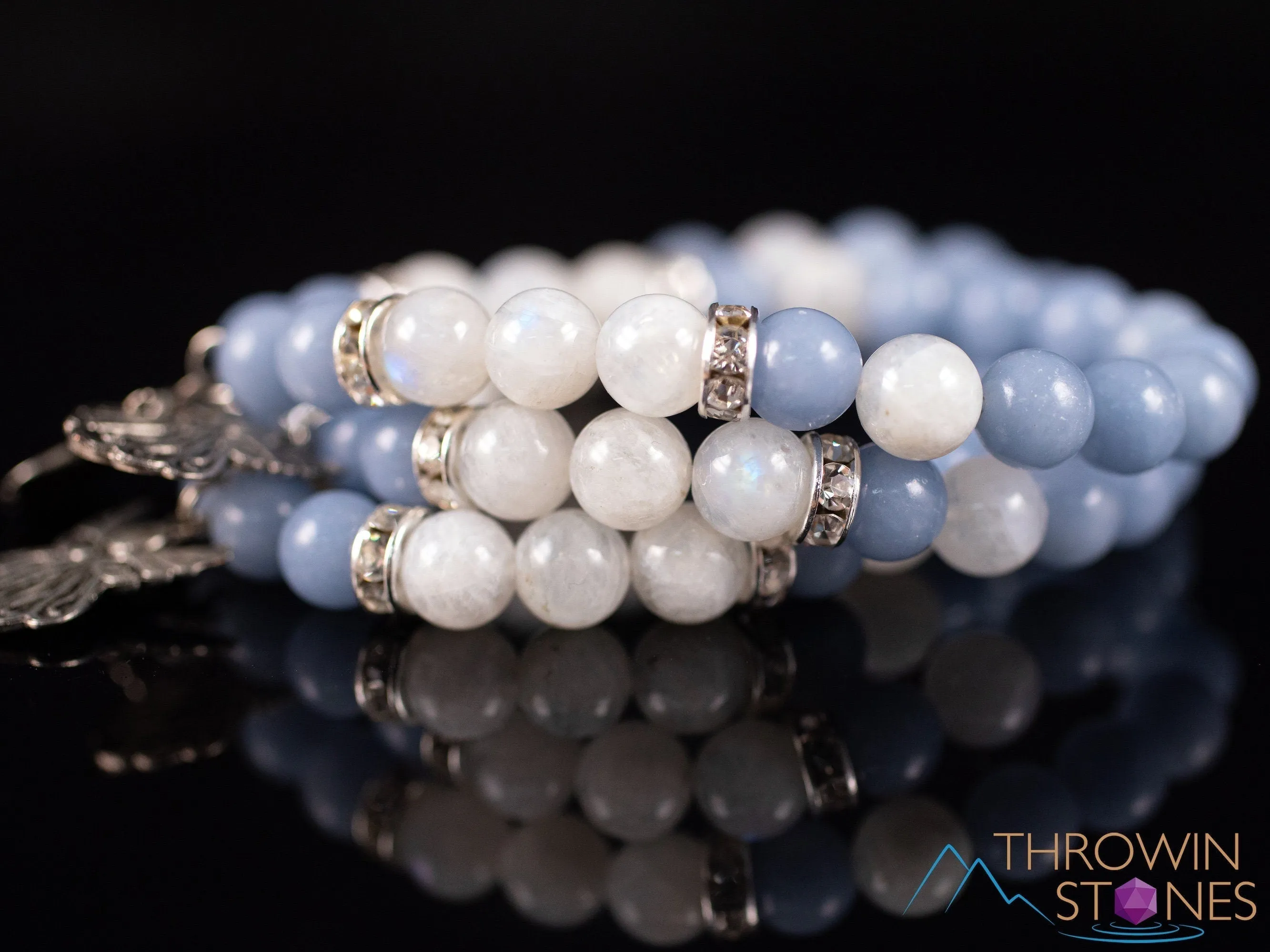 ANGELITE & MOONSTONE Crystal Bracelet - Angel Charm, Round Beads - Charm Bracelet, Beaded Bracelet, Handmade Jewelry, E2050