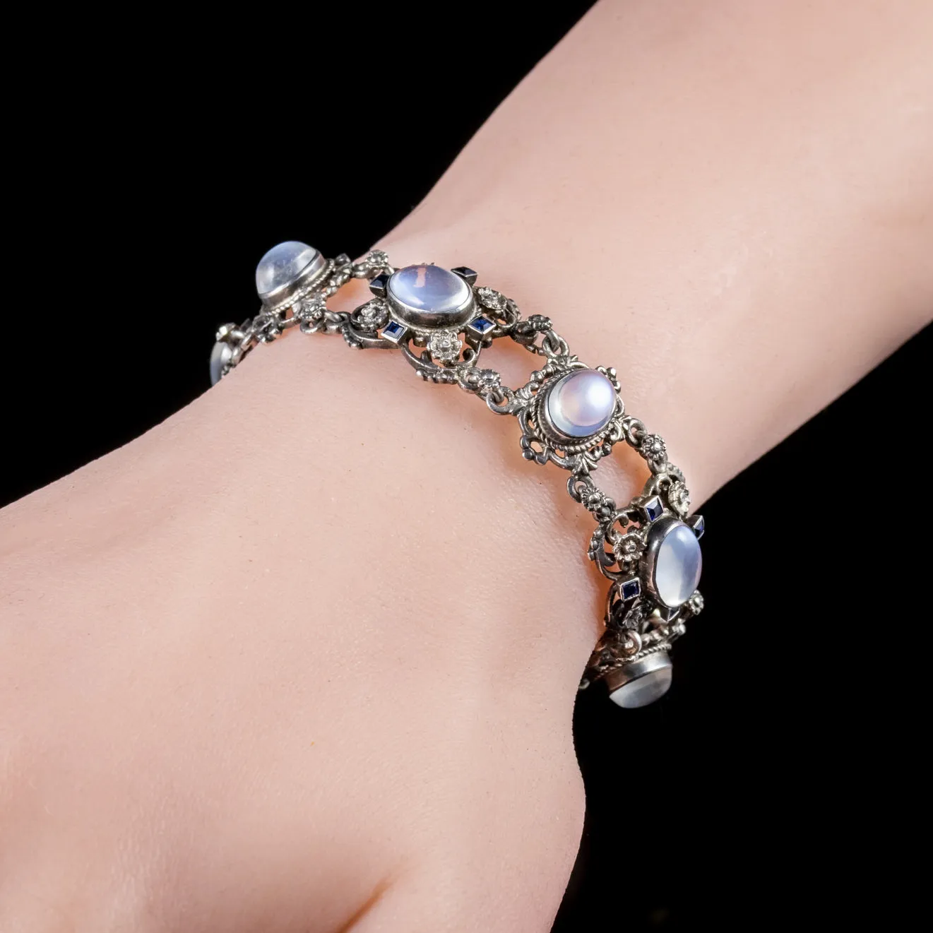 Antique Arts And Crafts Moonstone Bracelet Silver Circa 1900