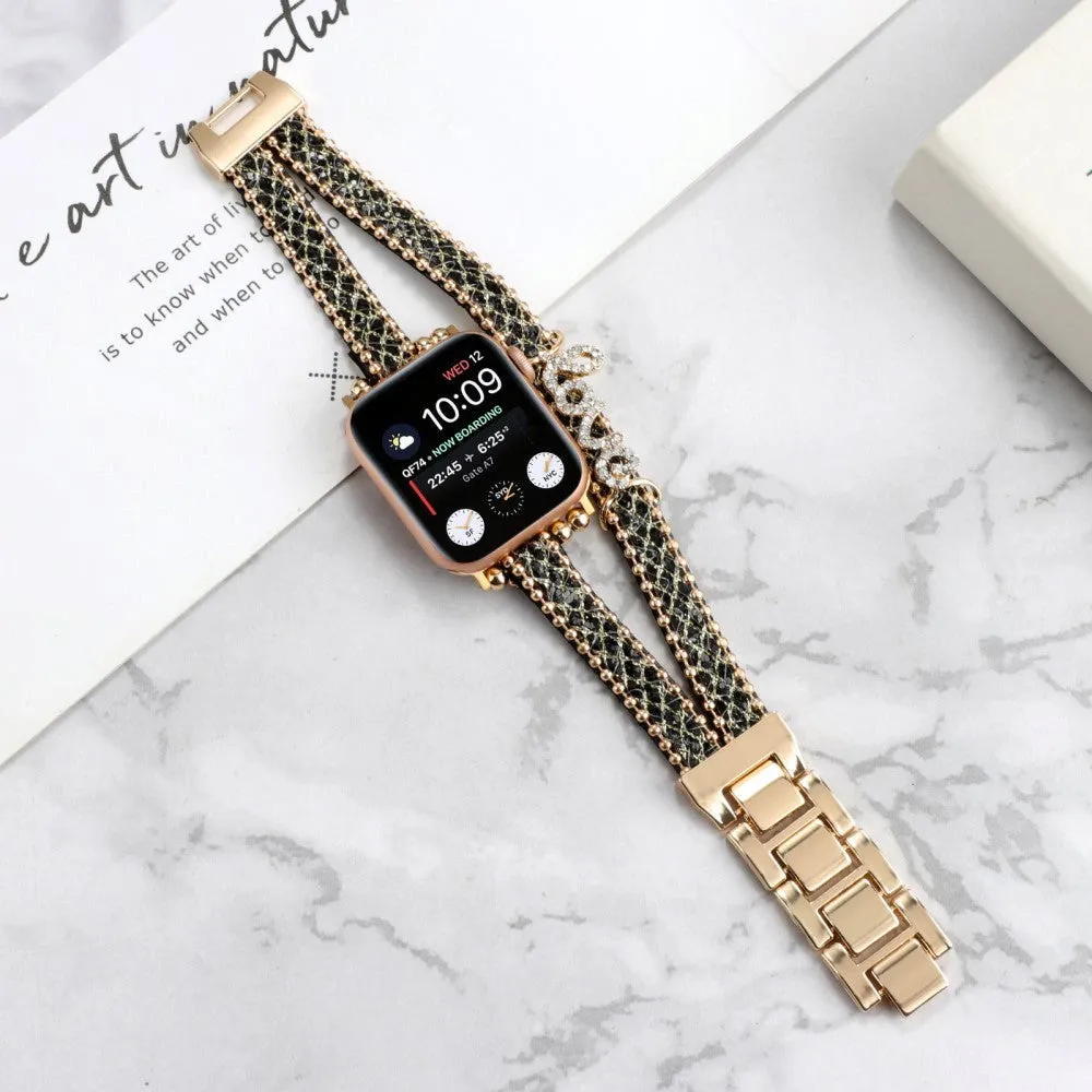 Apple Watch (38/40/SE/41/42mm) Metal og Læder Rem m. Rhinsten - Guld / Sort