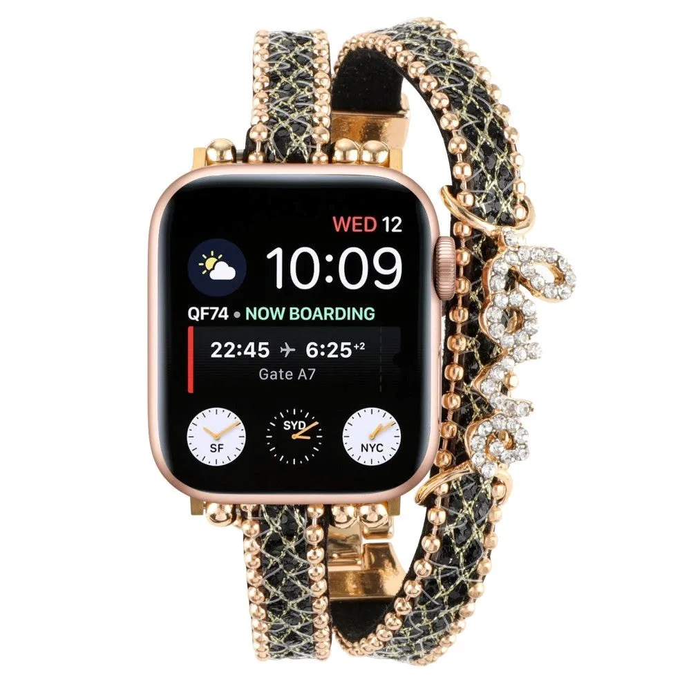 Apple Watch (38/40/SE/41/42mm) Metal og Læder Rem m. Rhinsten - Guld / Sort