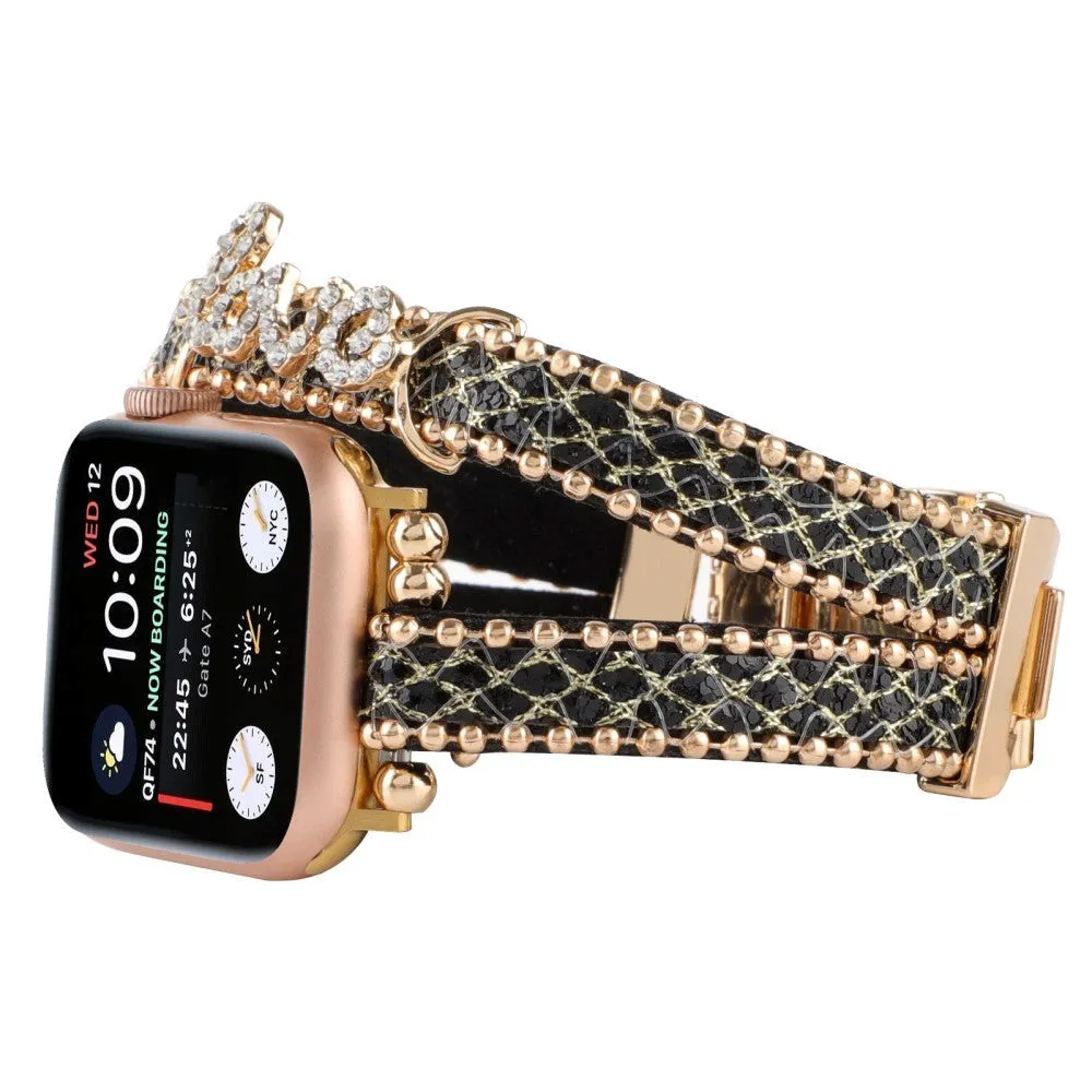 Apple Watch (38/40/SE/41/42mm) Metal og Læder Rem m. Rhinsten - Guld / Sort