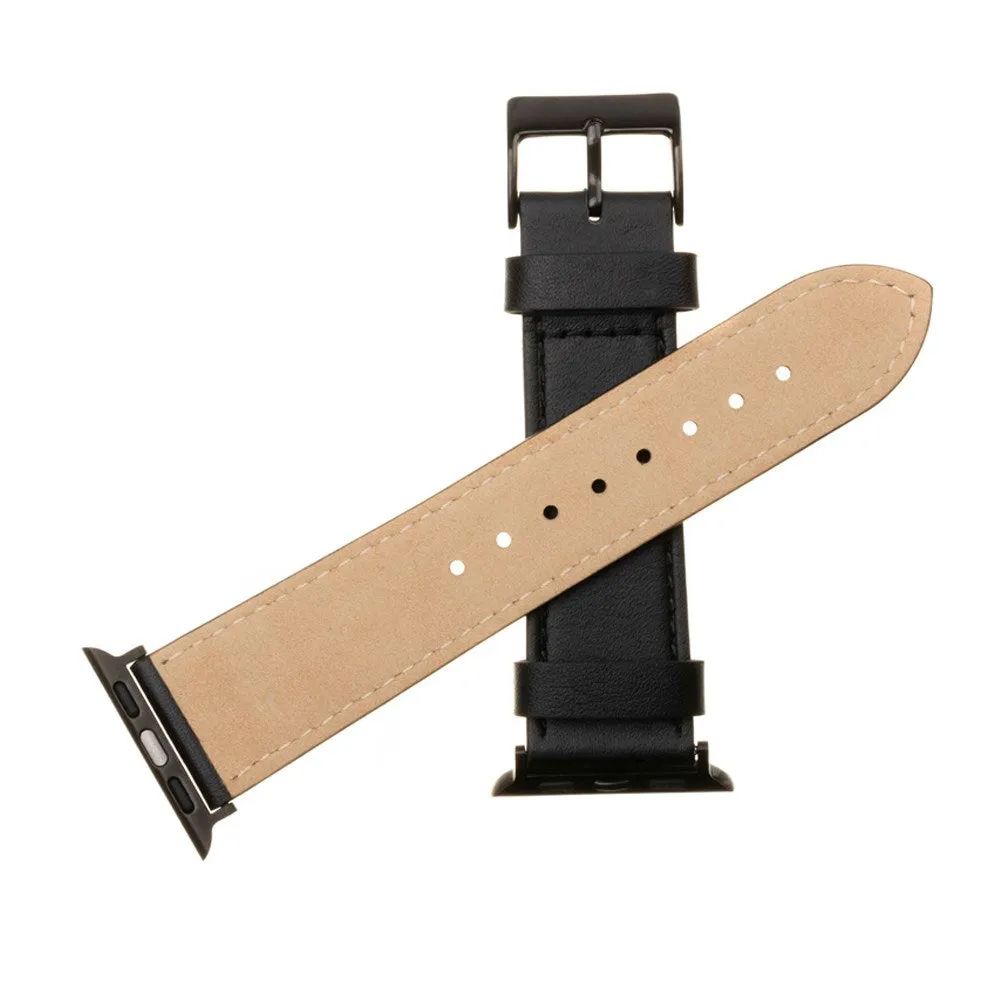 Apple Watch (42/44/SE/45/46/49mm) Fixed Ægte Læder Rem - Sort