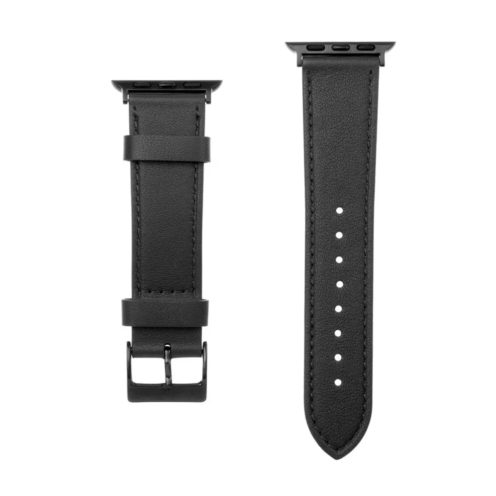 Apple Watch (42/44/SE/45/46/49mm) Fixed Ægte Læder Rem - Sort