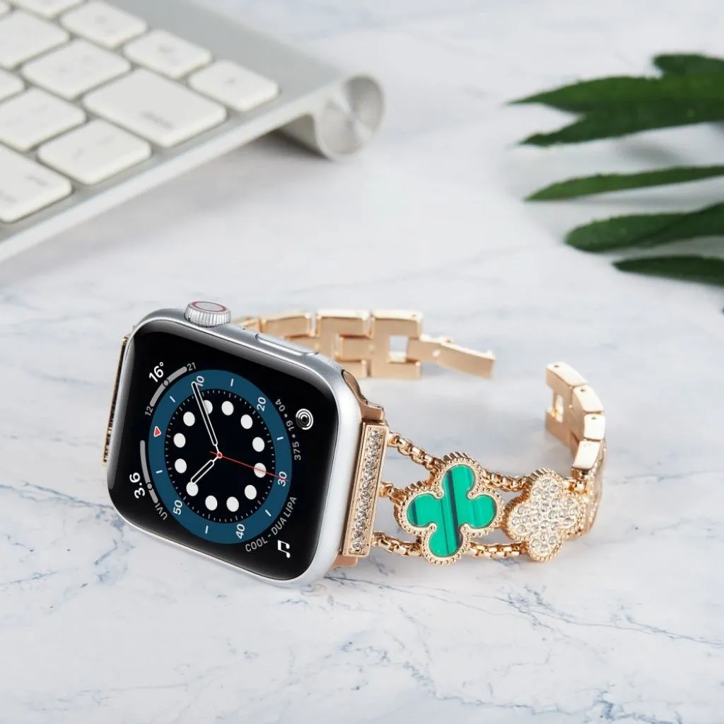 Apple Watch 42mm - 44mm flower décor rhinestone watch strap - Rose Gold / Green
