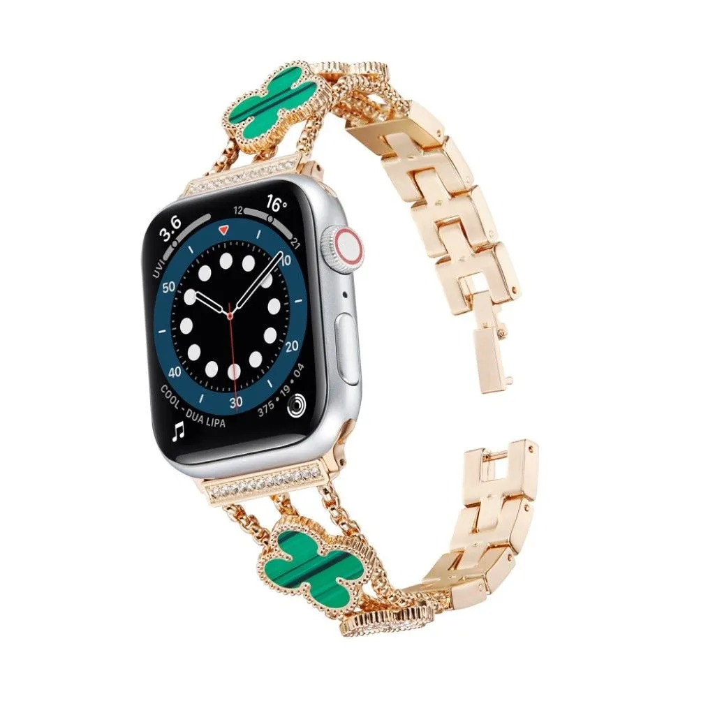 Apple Watch 42mm - 44mm flower décor rhinestone watch strap - Rose Gold / Green