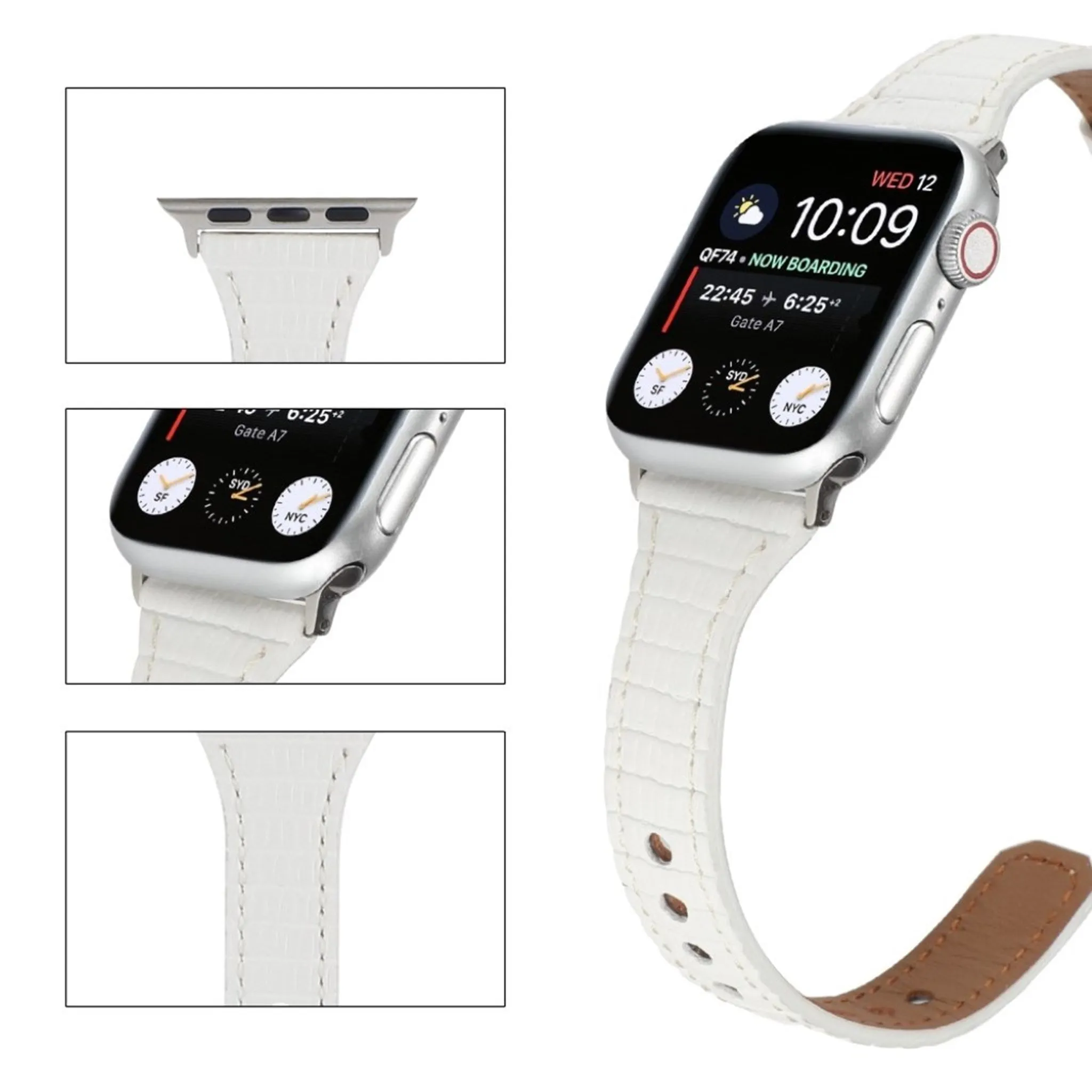 Apple Watch 44mm bamboo textured genuine leather watch strap - White