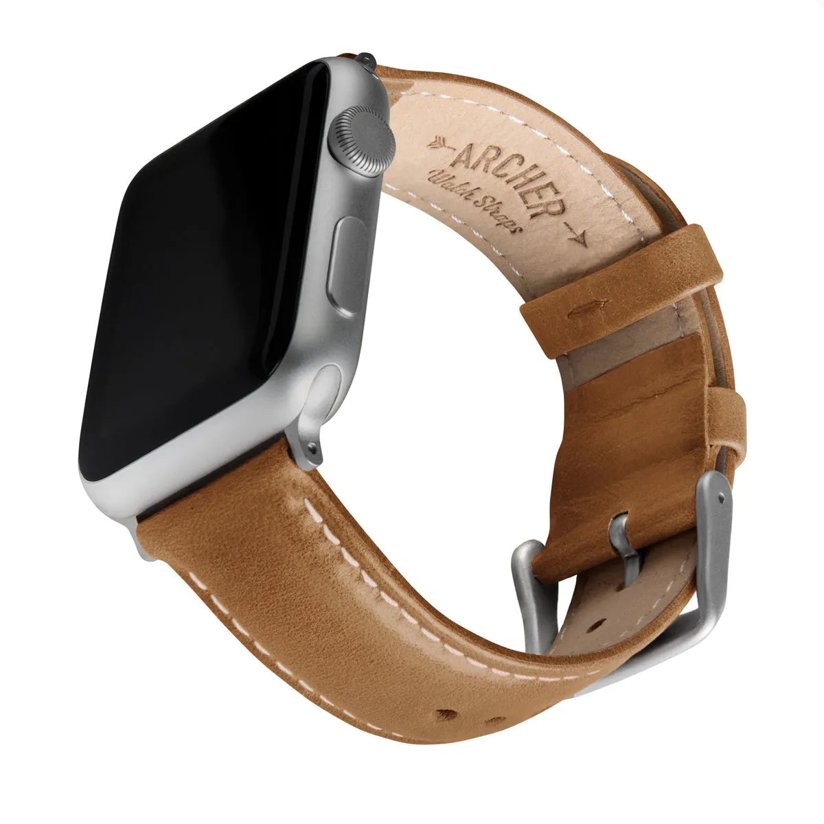Apple Watch Leather Watch Band - Camel Tan/Natural/Silver Aluminum