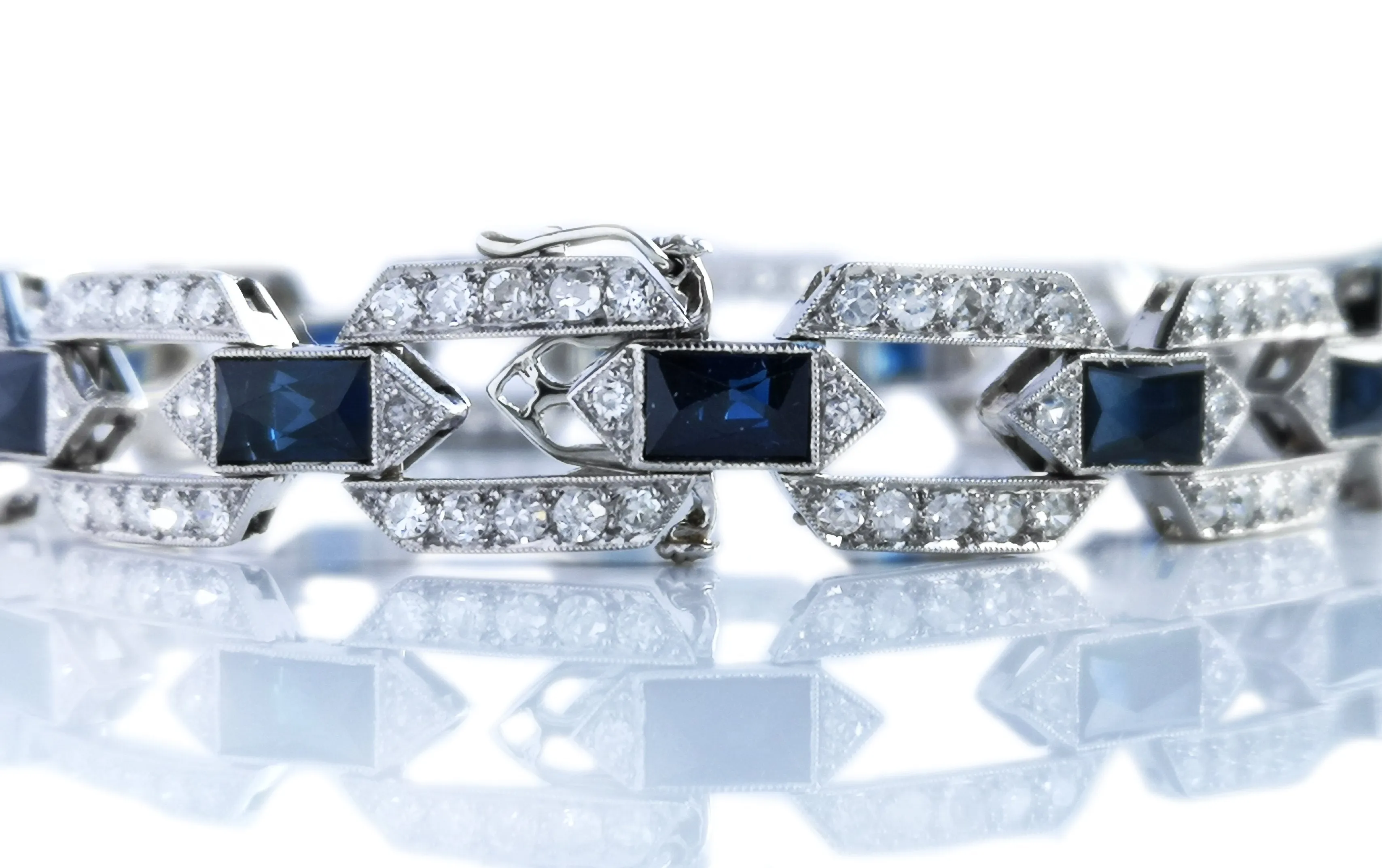 Art Deco Style Old Cut 3.84ct Diamond 6ct Sapphire Platinum Bracelet