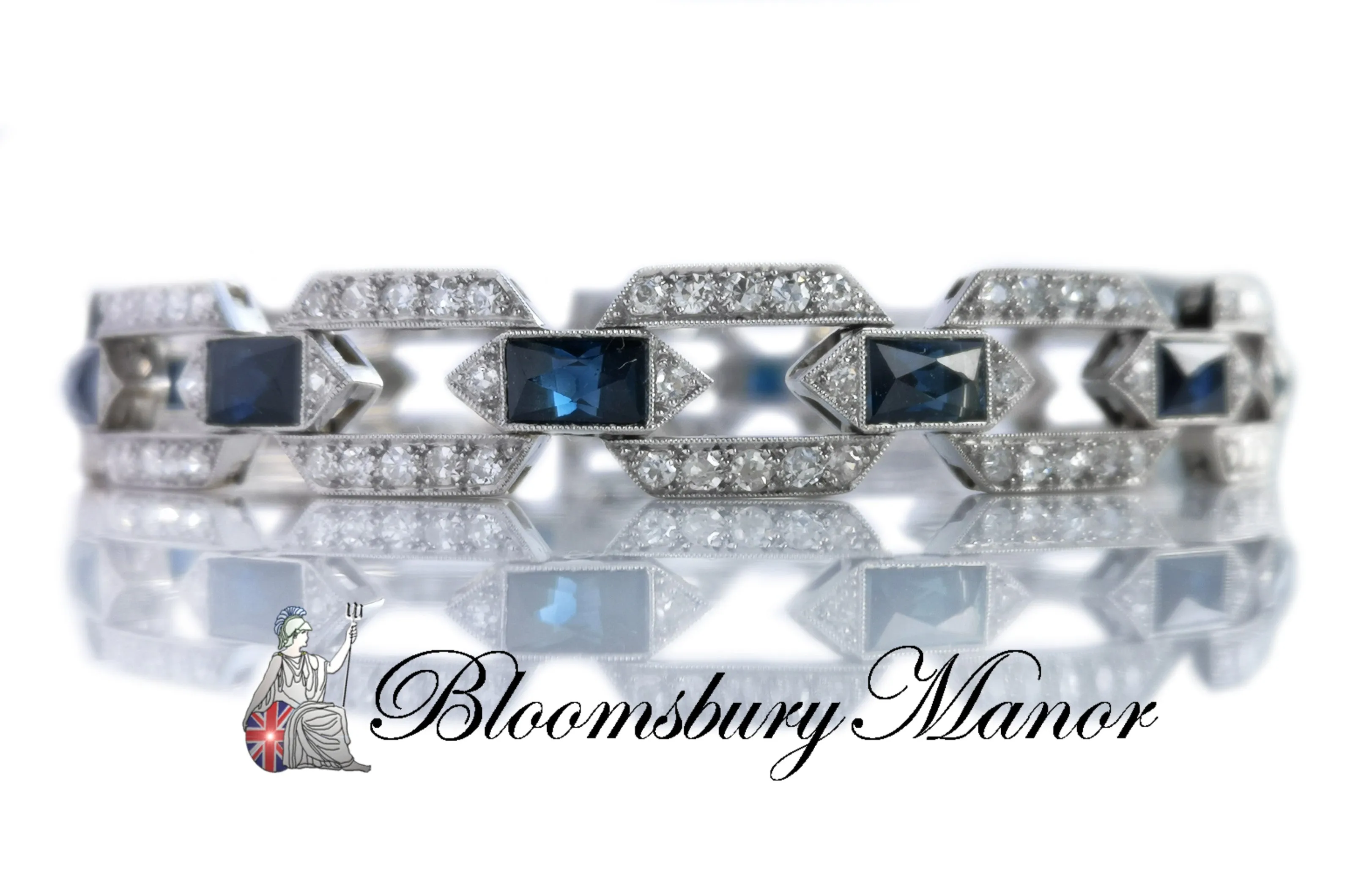 Art Deco Style Old Cut 3.84ct Diamond 6ct Sapphire Platinum Bracelet
