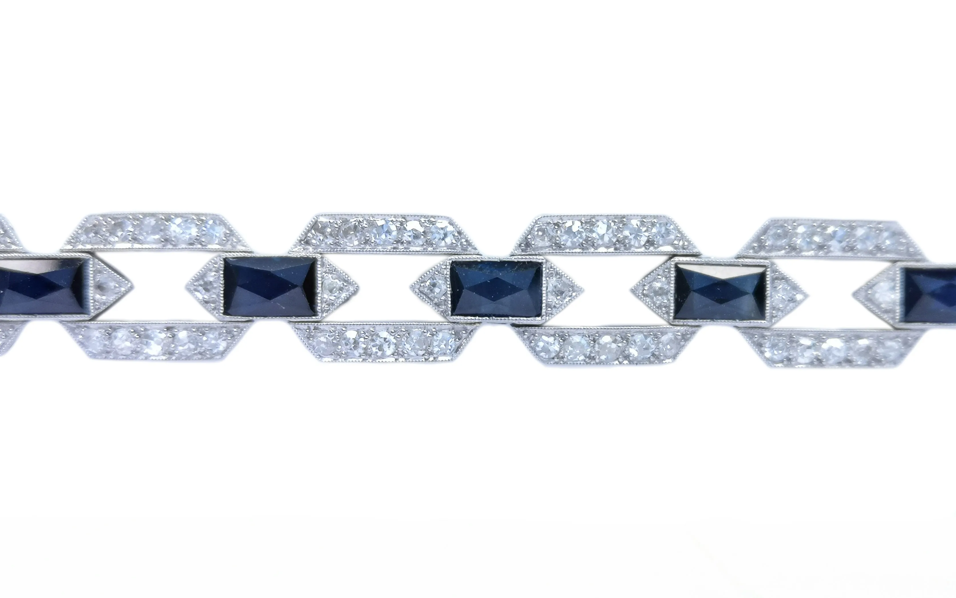 Art Deco Style Old Cut 3.84ct Diamond 6ct Sapphire Platinum Bracelet