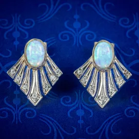 Art Deco Style Opal Diamond Fan Earrings 9Ct Gold