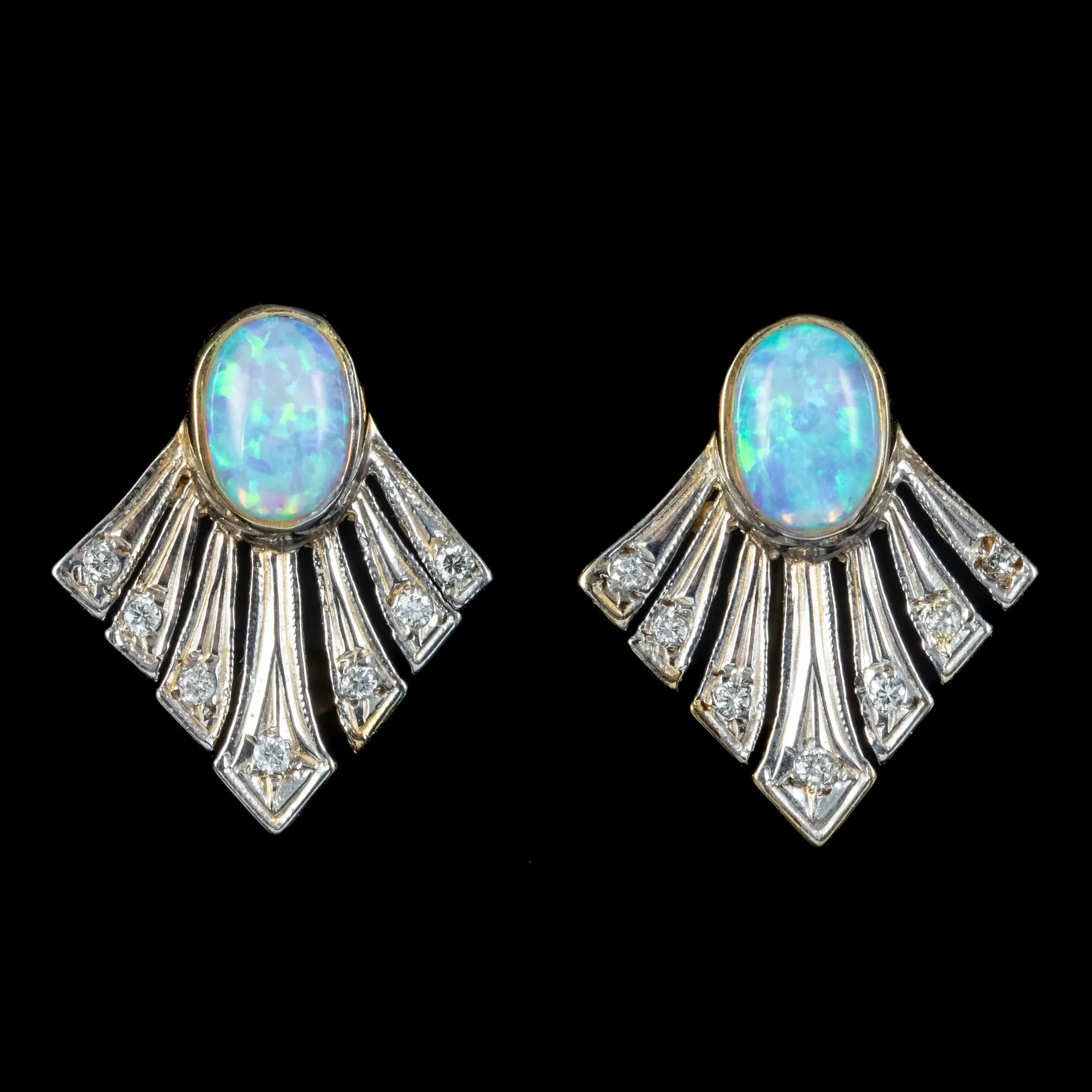 Art Deco Style Opal Diamond Fan Earrings 9Ct Gold