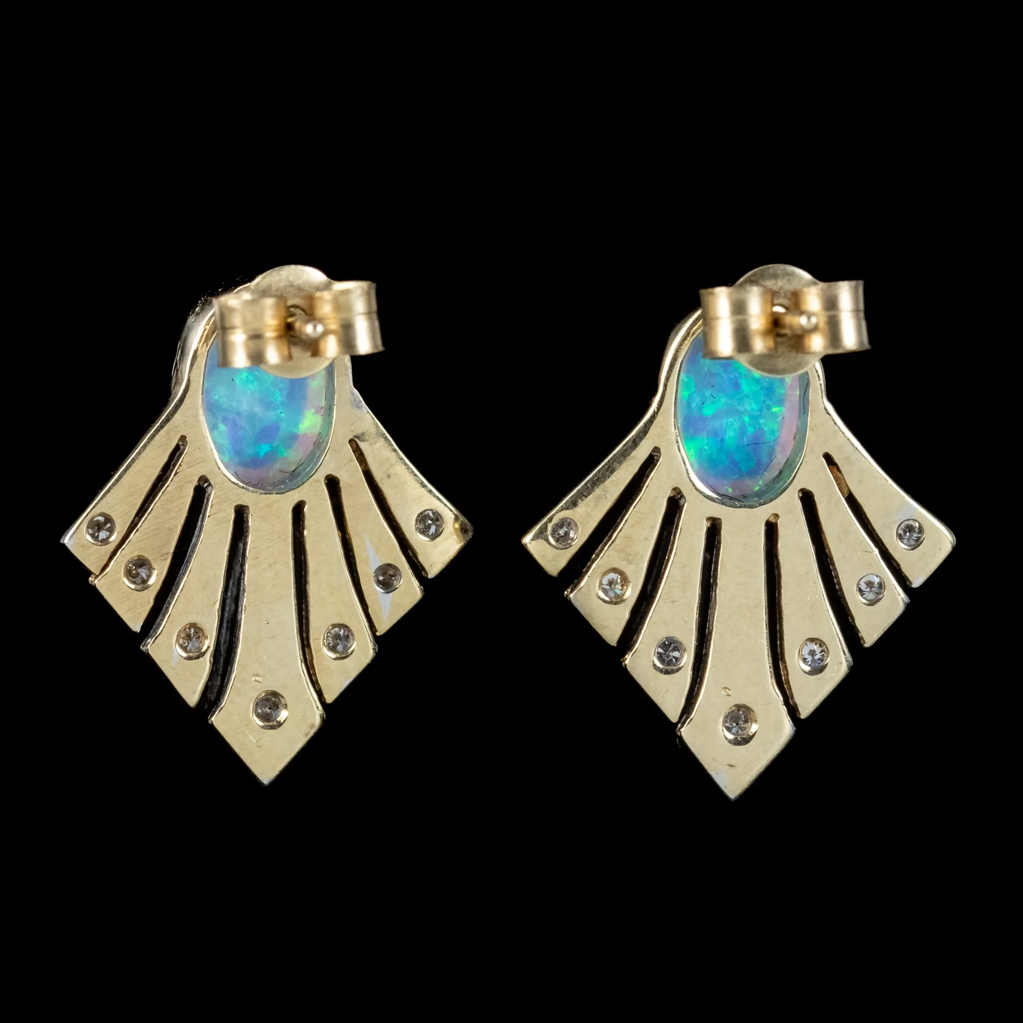 Art Deco Style Opal Diamond Fan Earrings 9Ct Gold