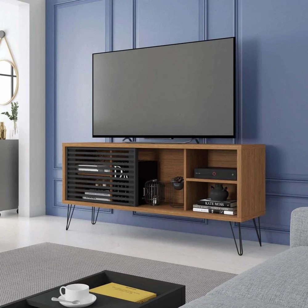 Arthur 54 Inch Wooden TV Stand with 1 Sliding Door, Walnut Brown and Black By The Urban Port