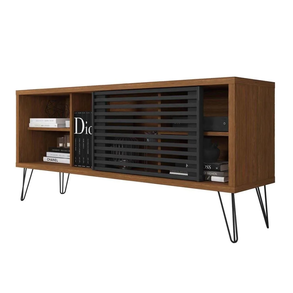 Arthur 54 Inch Wooden TV Stand with 1 Sliding Door, Walnut Brown and Black By The Urban Port