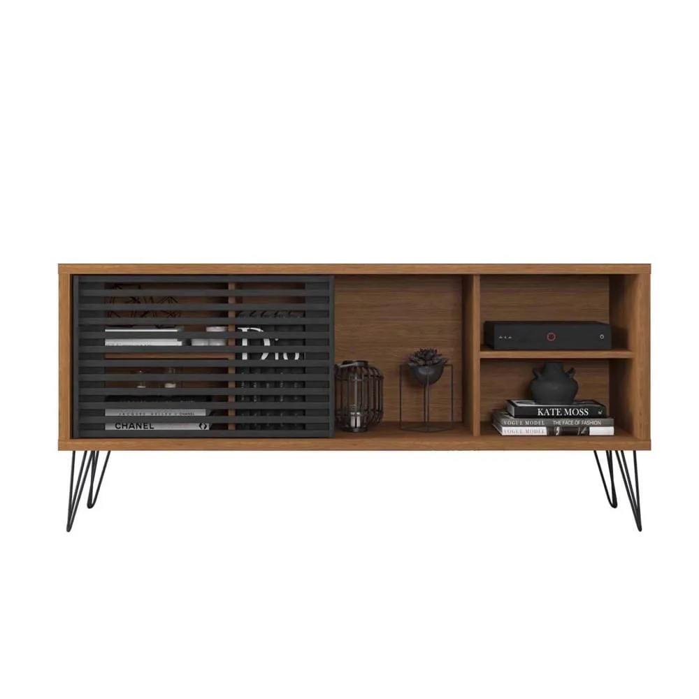 Arthur 54 Inch Wooden TV Stand with 1 Sliding Door, Walnut Brown and Black By The Urban Port