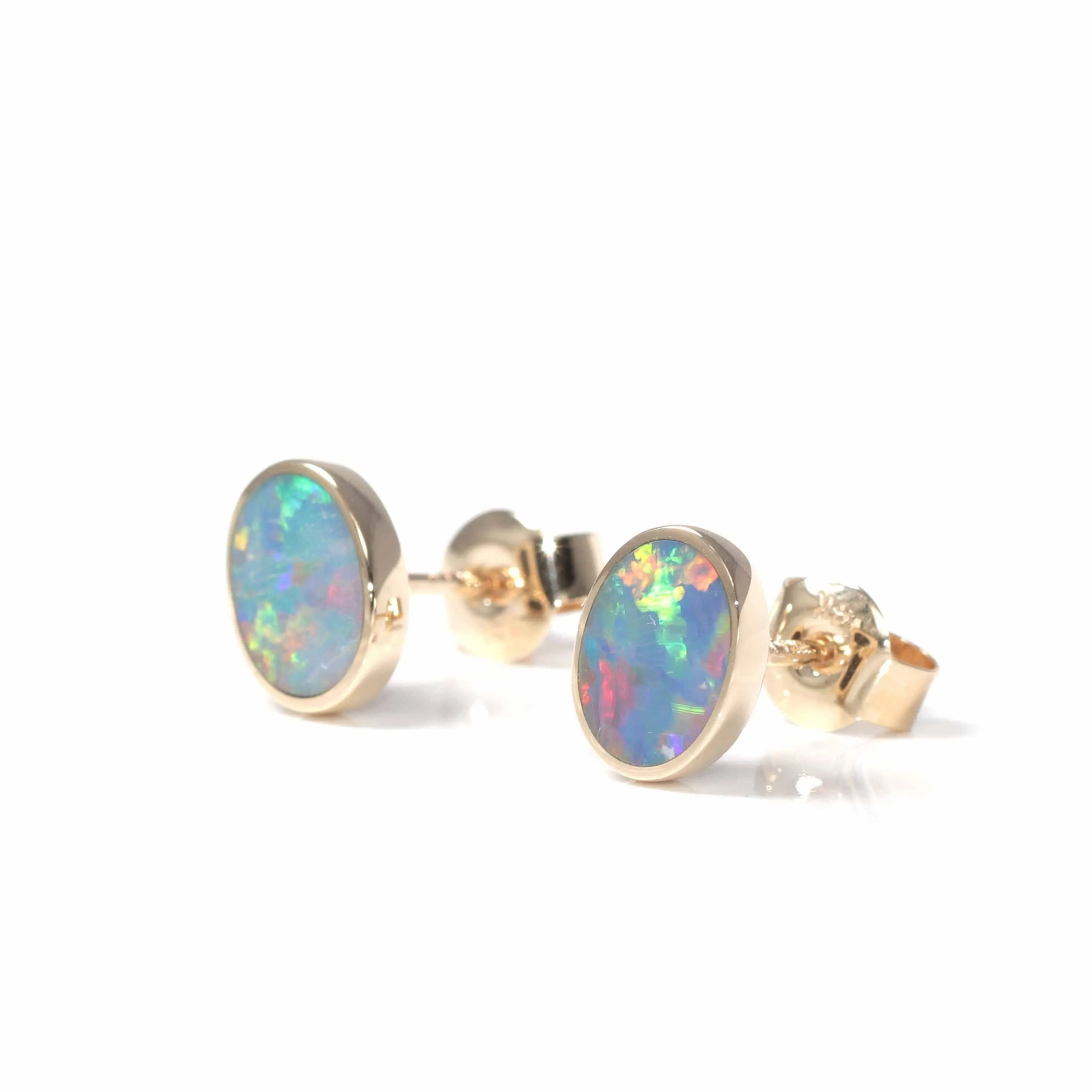 Baikalla™ 14k Yellow Gold Natural Oval Australian Blue Opal Bezel Set Earrings