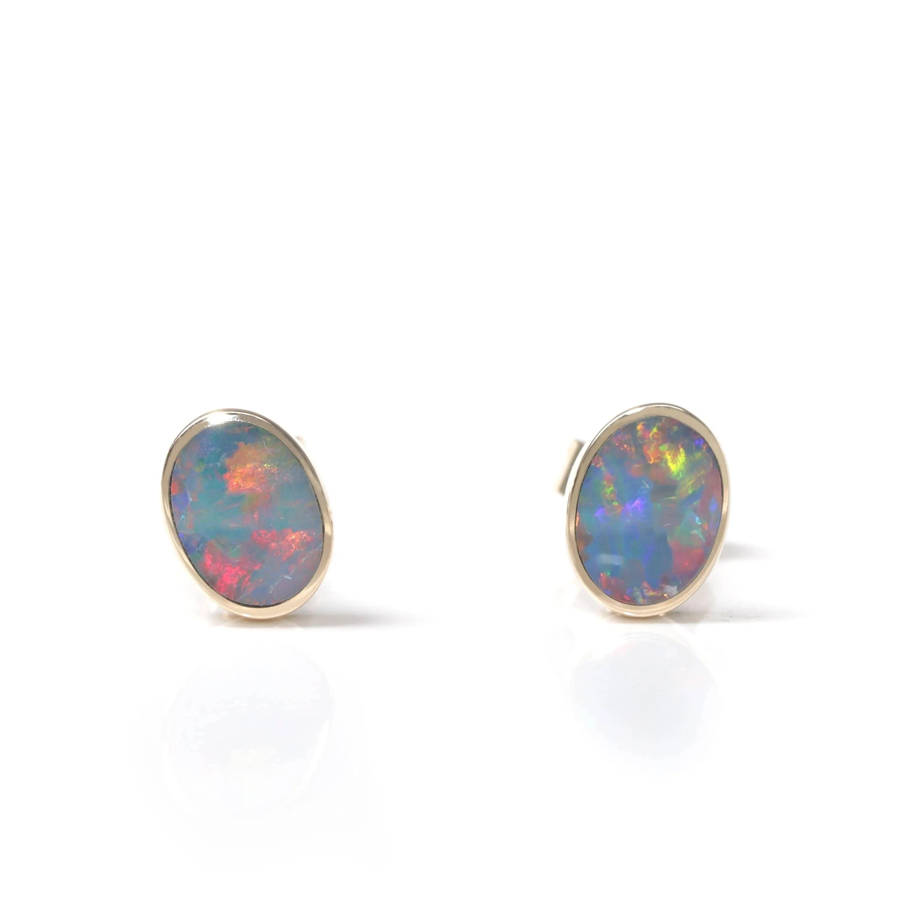 Baikalla™ 14k Yellow Gold Natural Oval Australian Blue Opal Bezel Set Earrings