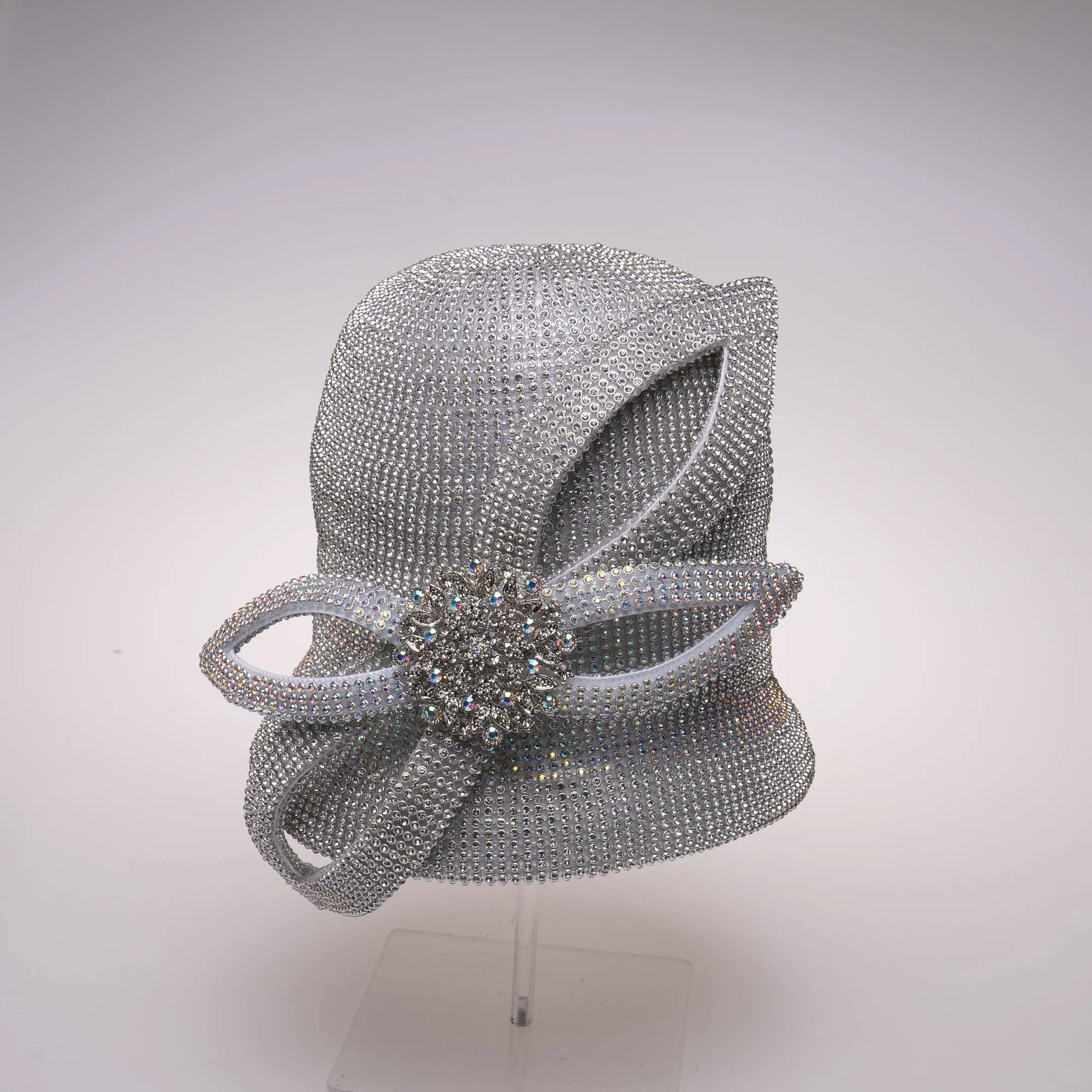 Bell Shape Hat Covered In Rhinestone With Leaf Shape Trim: Black
