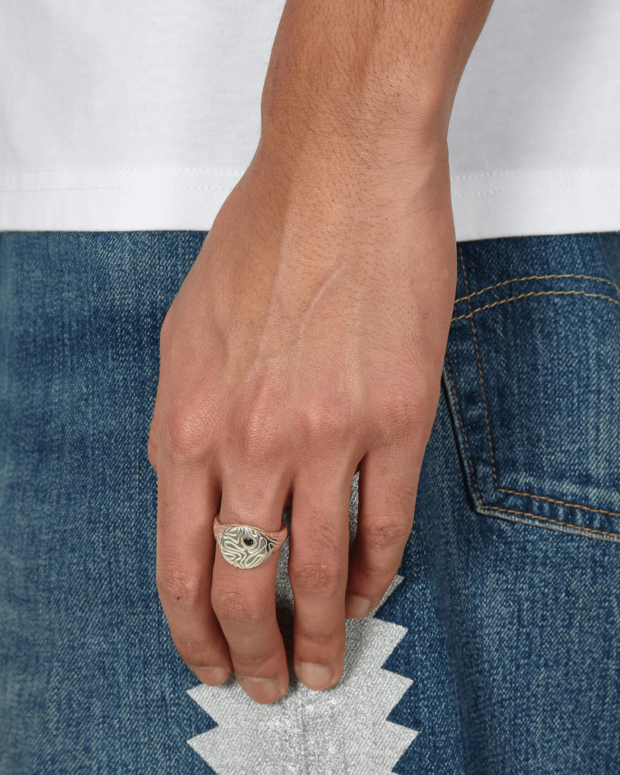 Black Diamond Globe Signet Ring Silver