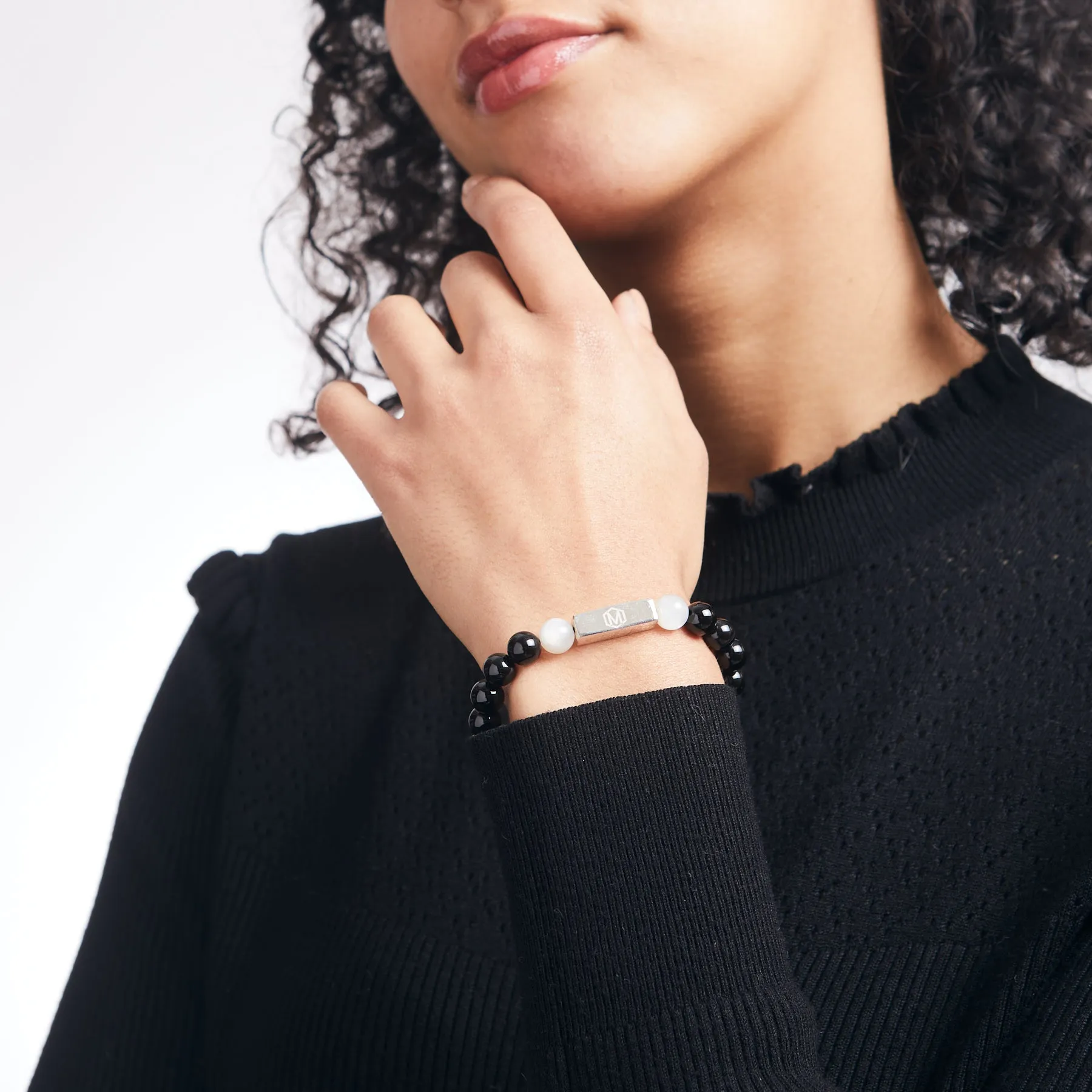 Black Tourmaline & White Moonstone Beaded Bracelet