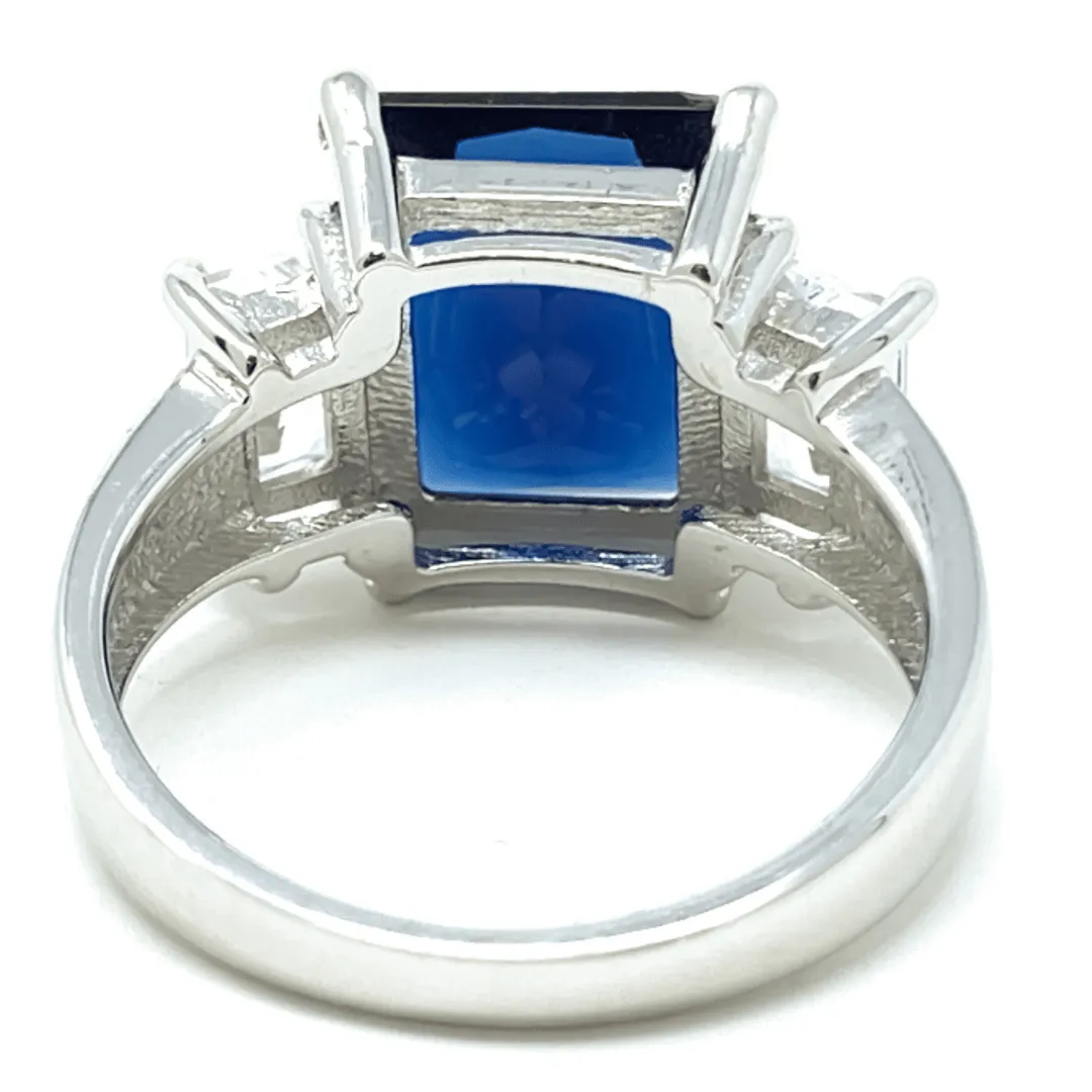Blue Sapphire Radiant Cut & Baguette Cubic Zirconia Ring