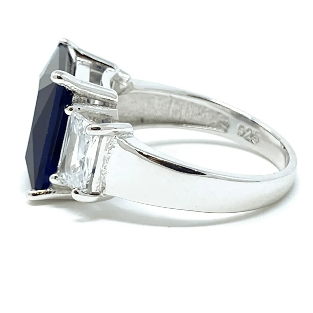Blue Sapphire Radiant Cut & Baguette Cubic Zirconia Ring