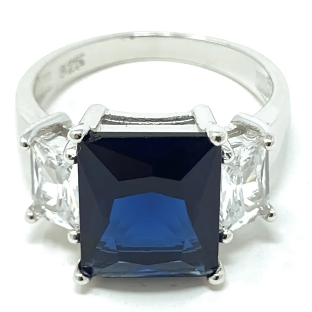 Blue Sapphire Radiant Cut & Baguette Cubic Zirconia Ring